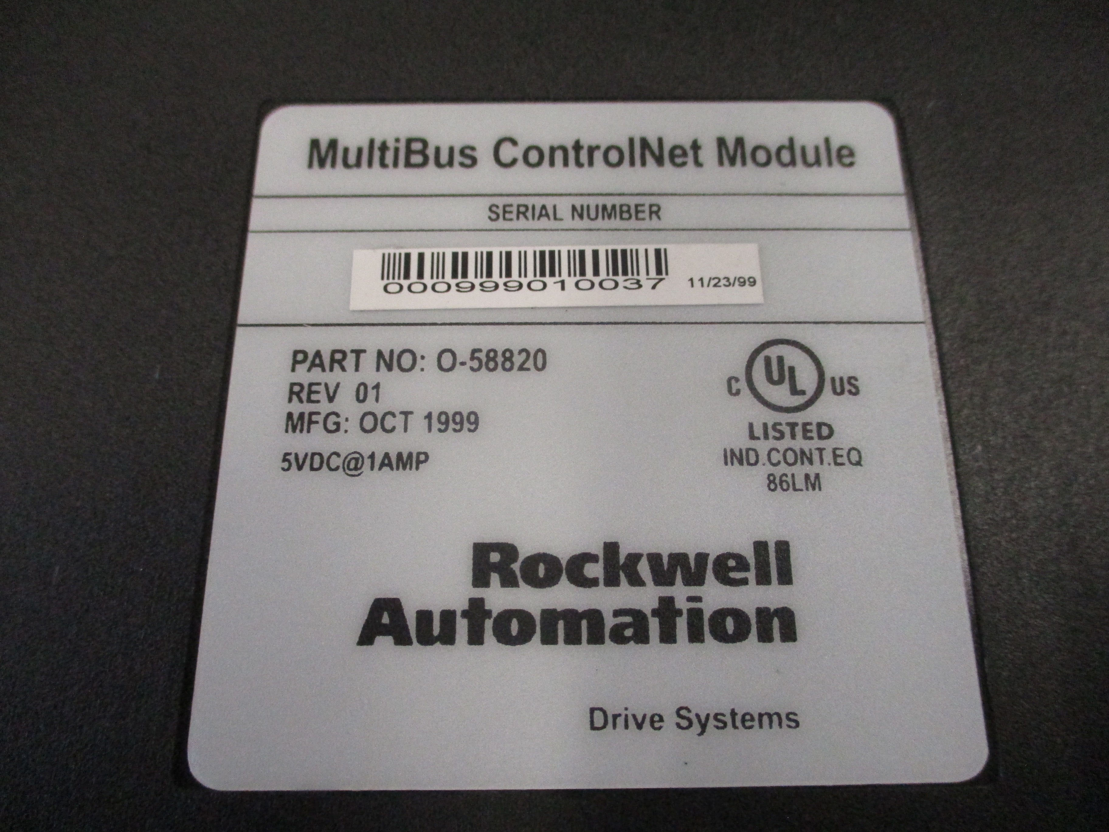Rockwell Automation MultiBus ControlNet Module 0-58820 Rev. 01 Used