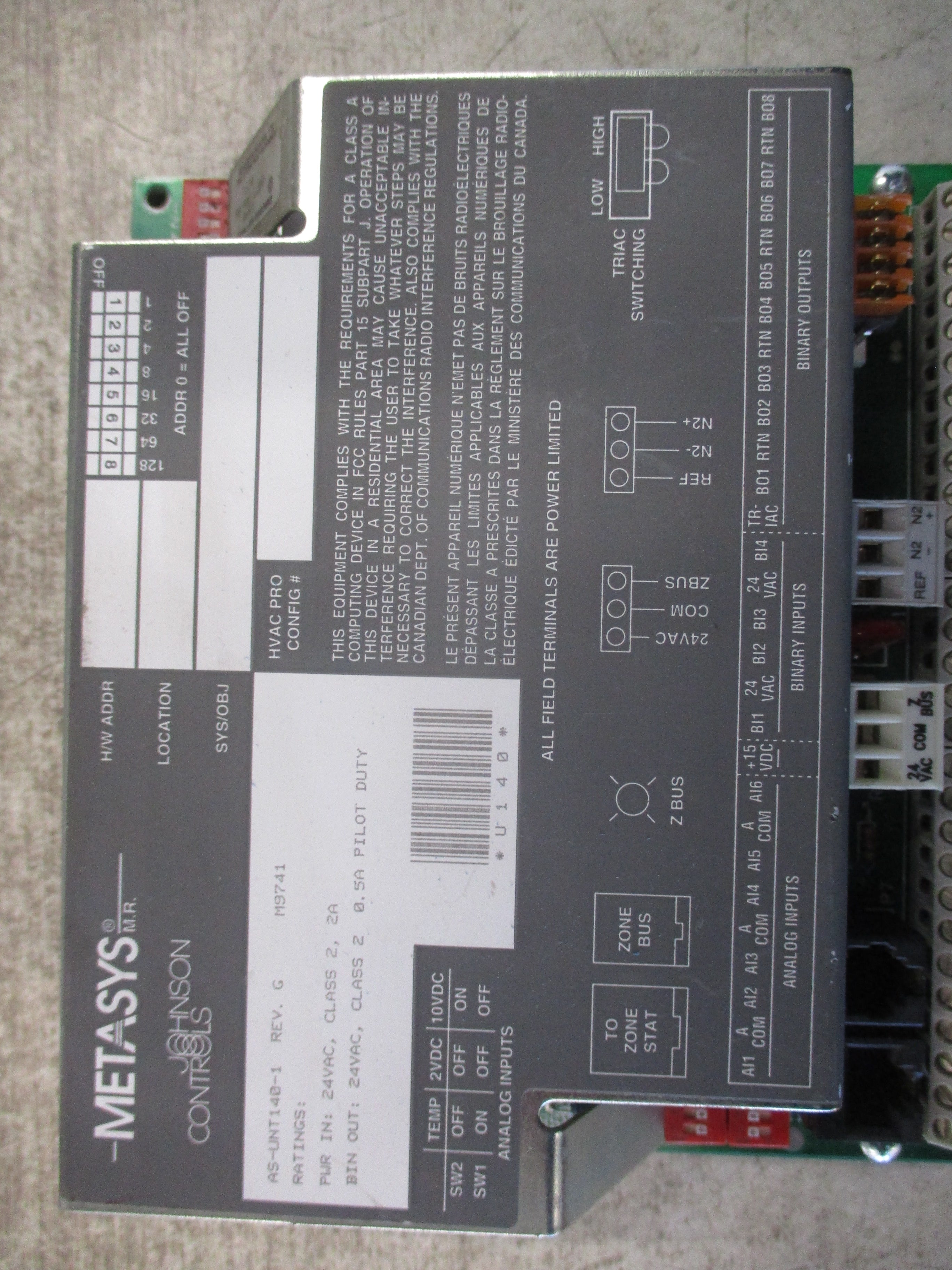 Johnson Controls Metasys Unitary Controller AS-UNT140-1 Rev. G 24V Used