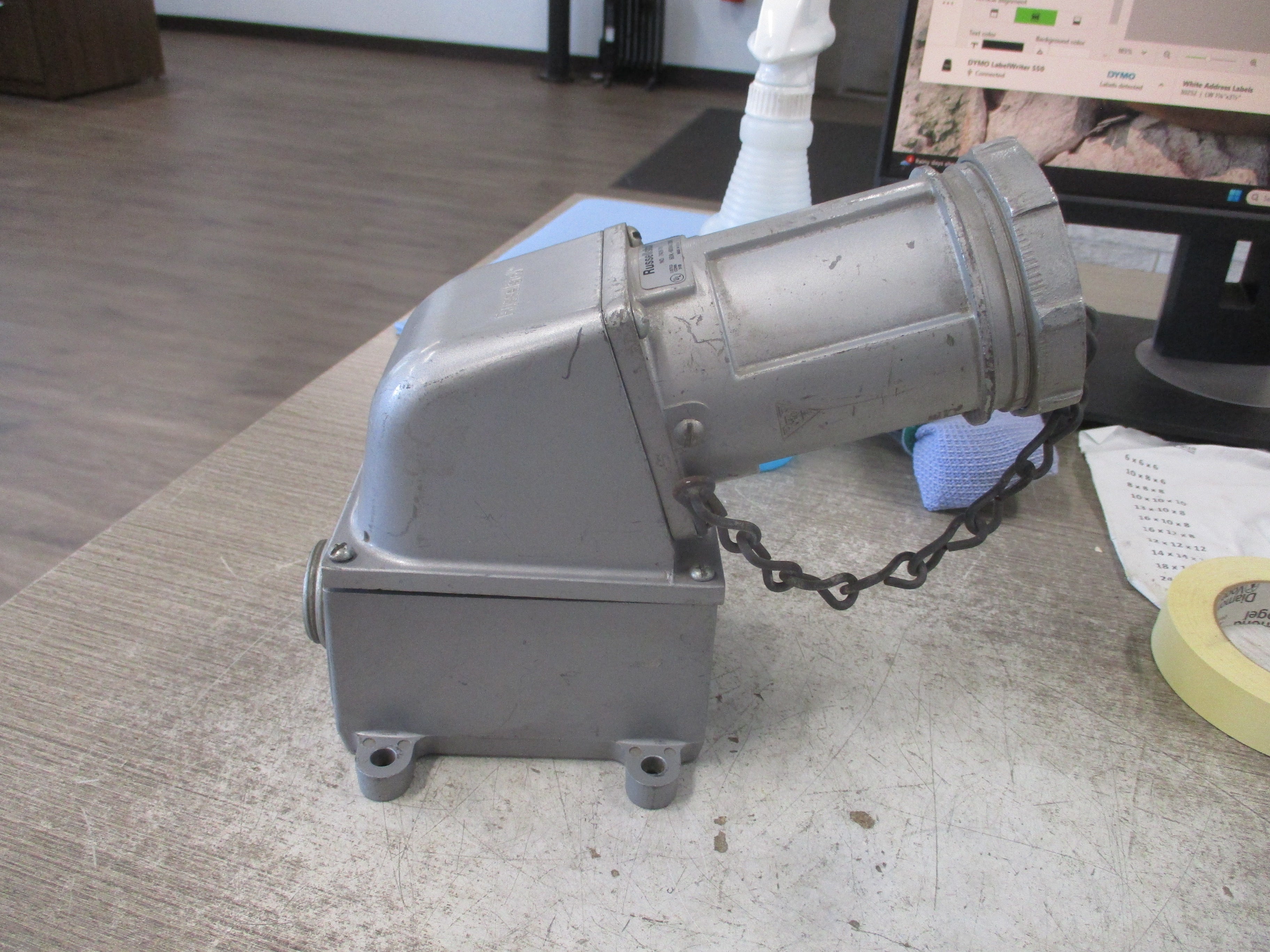 RussellStoll Receptacle 7428-78 60A 600V 3P 4W W/Body 7 Angle Adapter Used