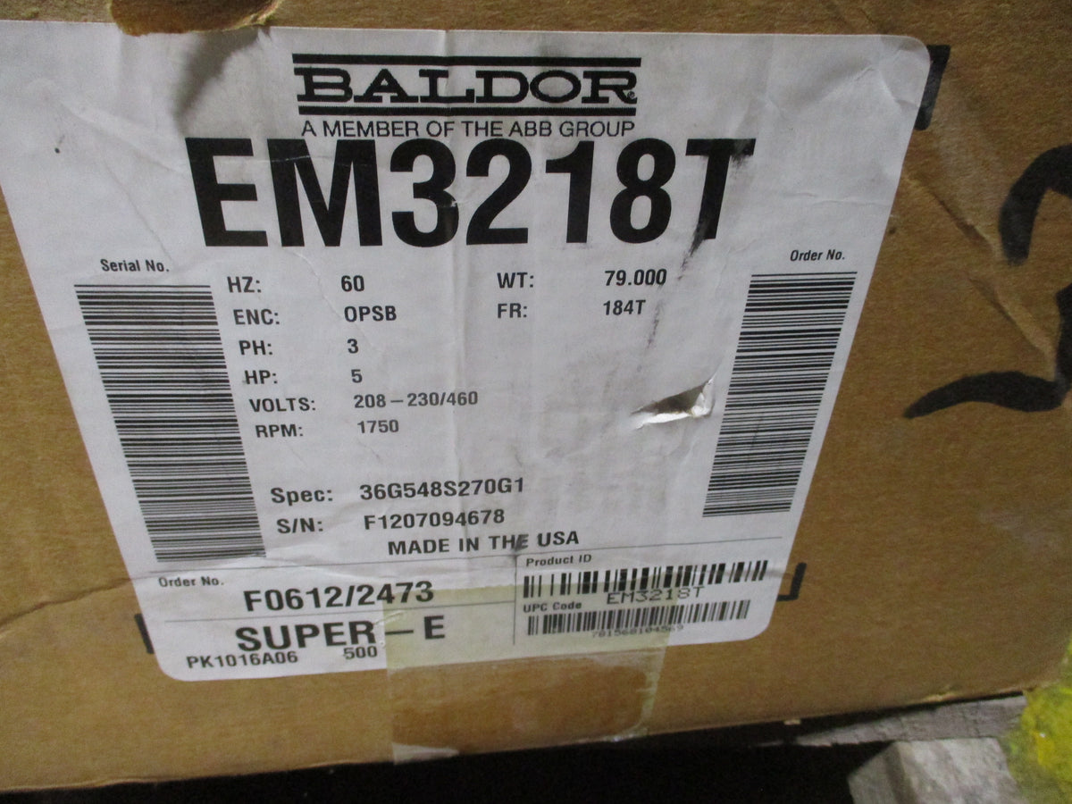 Baldor Motor EM3218T 5HP 208-230/460V 1750RPM Frame: 184T Enclosure: OPSB