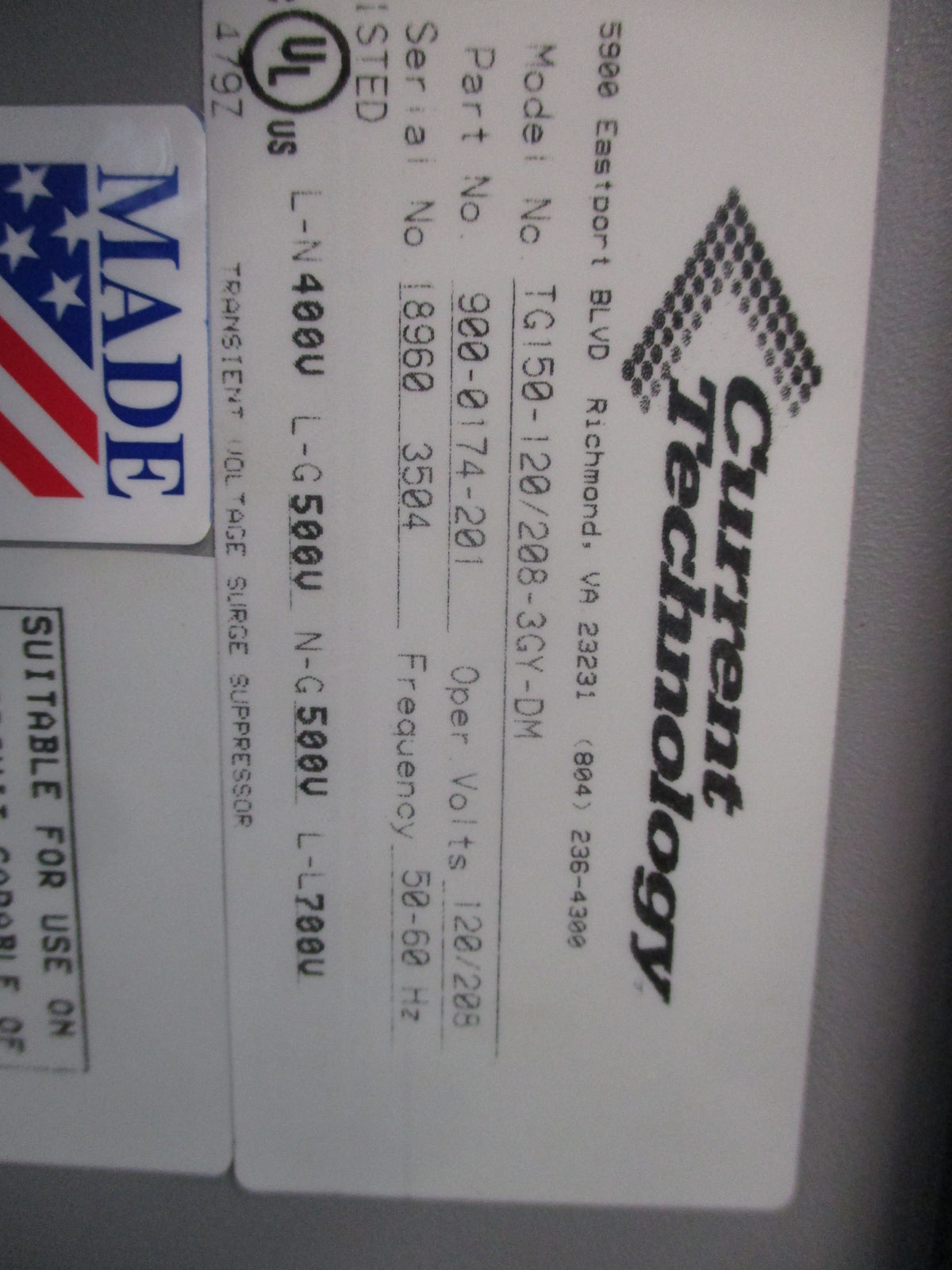 Current Technology TransGuard Surge Suppressor TG150-120/208-3GY-DM 120/208V