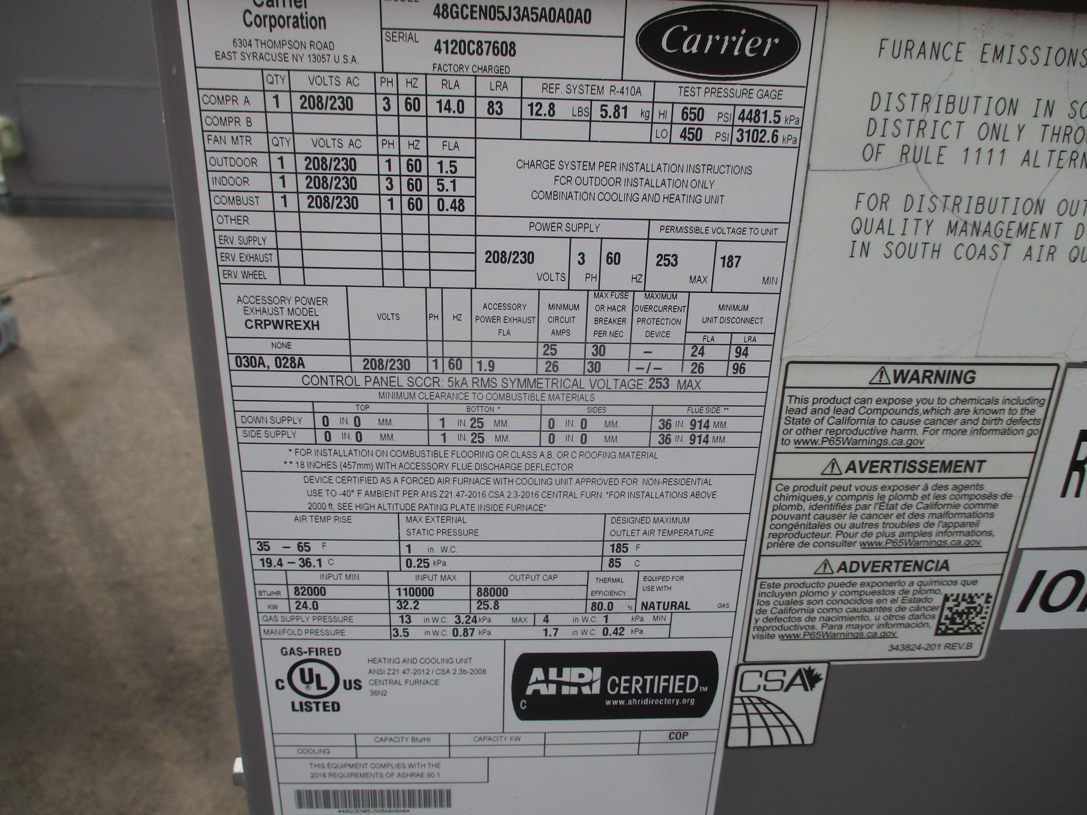 Carrier Rooftop Unit 48GCEN05J3A5A0A0A0 4-Ton 208/230V 3Ph 60Hz Natural Gas Heat
