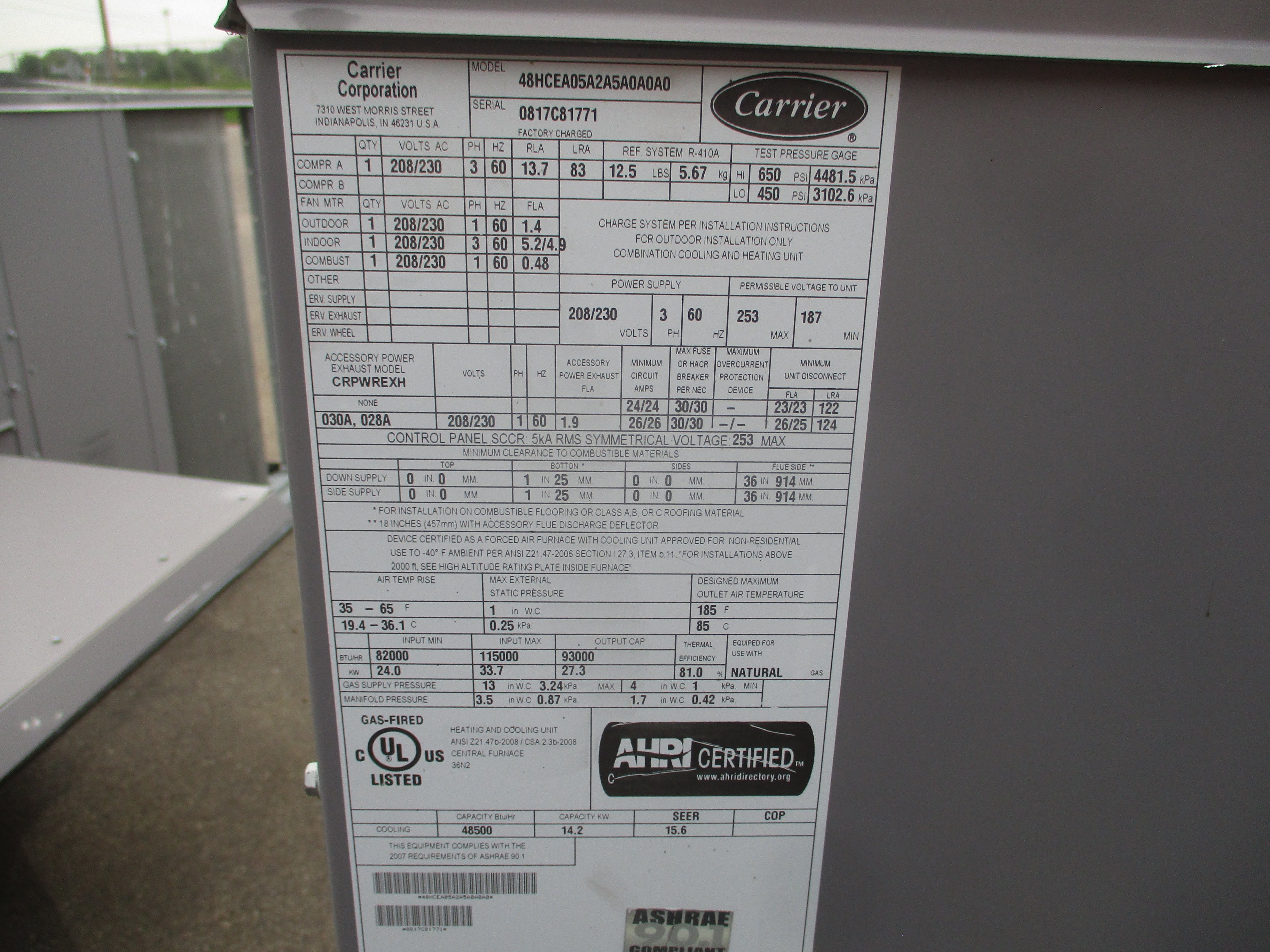 Carrier Rooftop Unit 48HCEA05A2A5A0A0A0 4-Ton 208/230V 3Ph 60Hz Natural Gas Heat