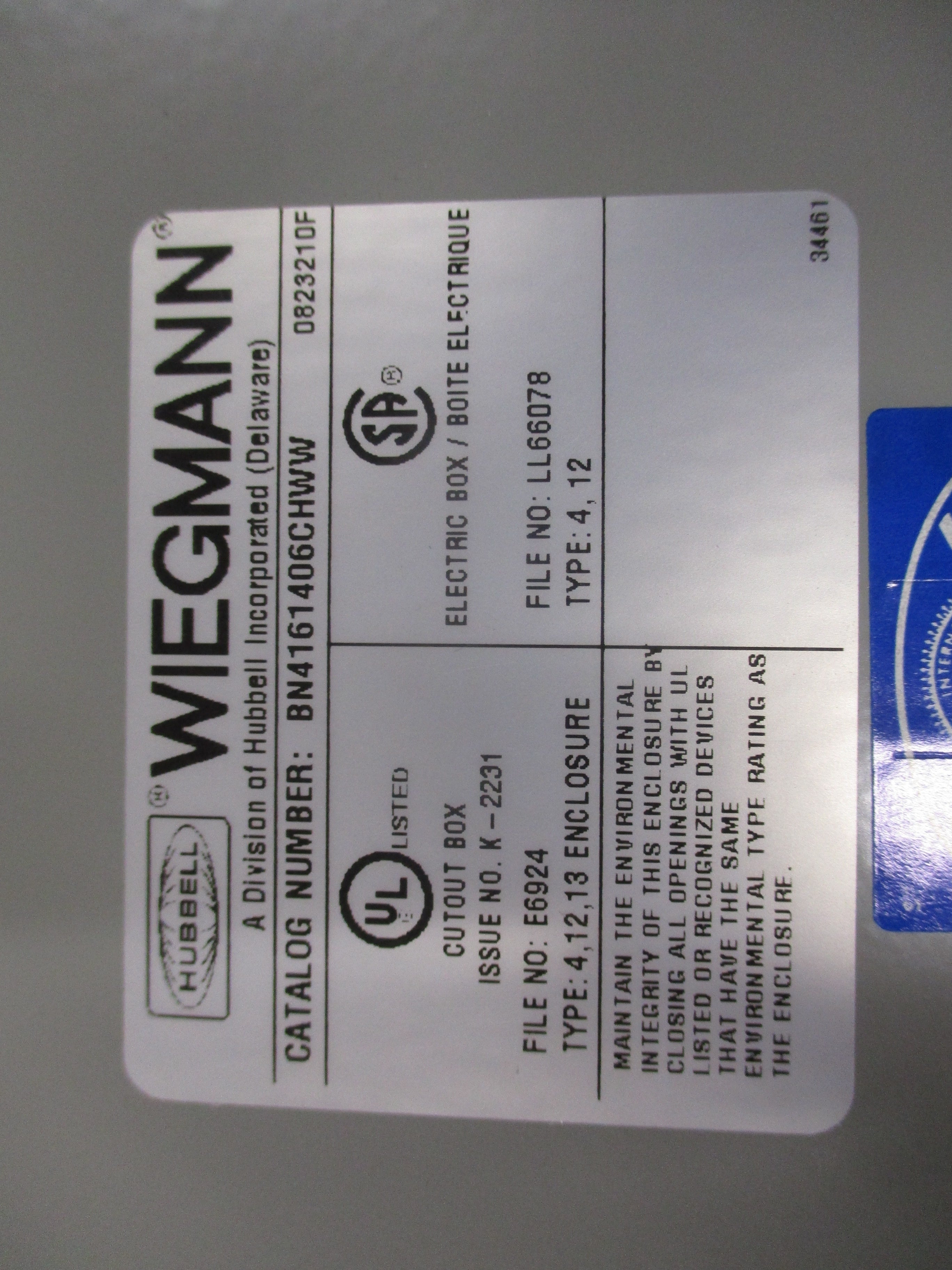 Hubbell Wiegmann Type 4,12,13 Enclosure BN4161406CHWW Size: 16"x14"x6"