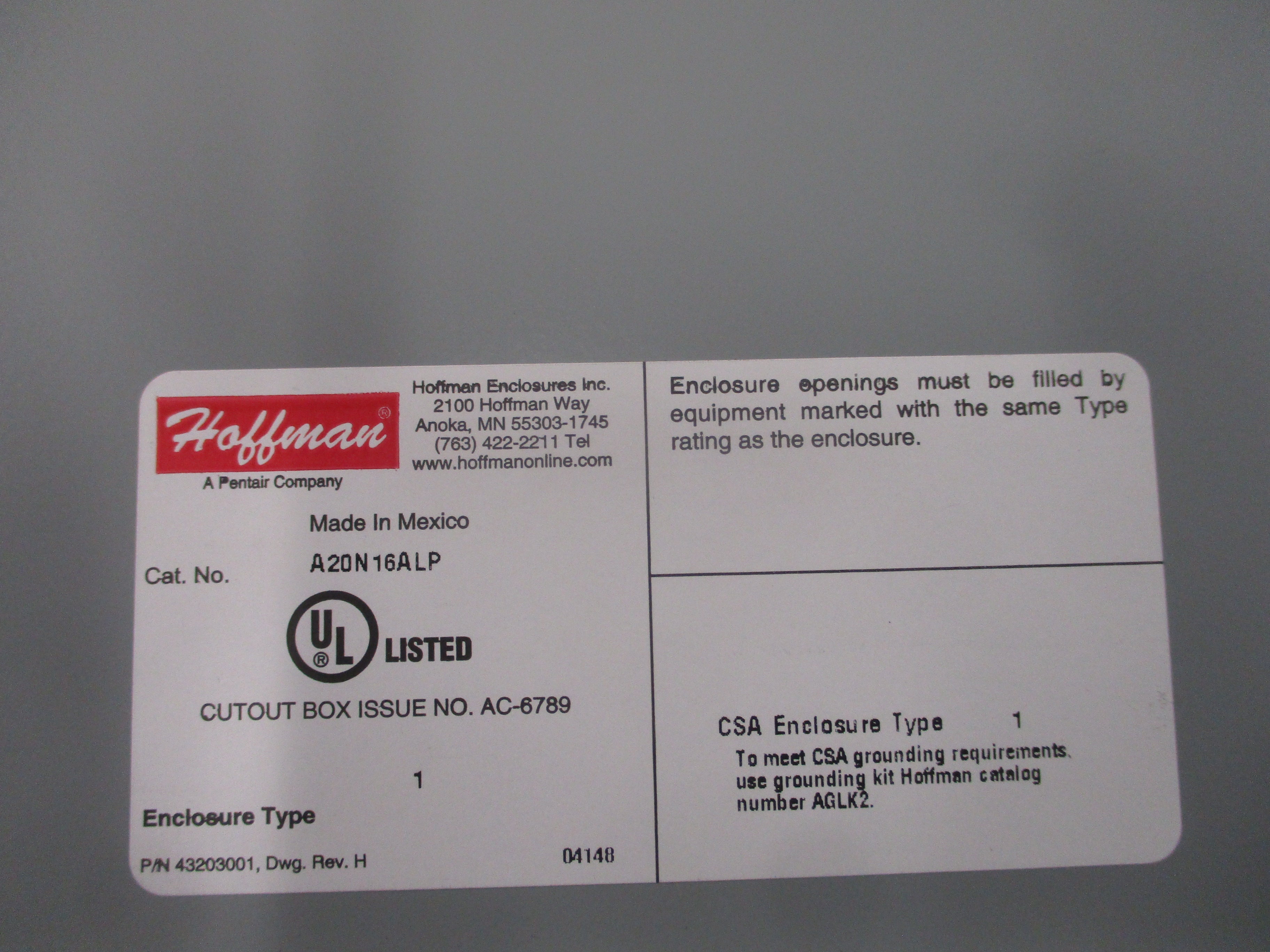 Hoffman Type 1 Enclosure A20N16LP Size: 20"x16"x6.62" *Shelf Wear* *No Box*