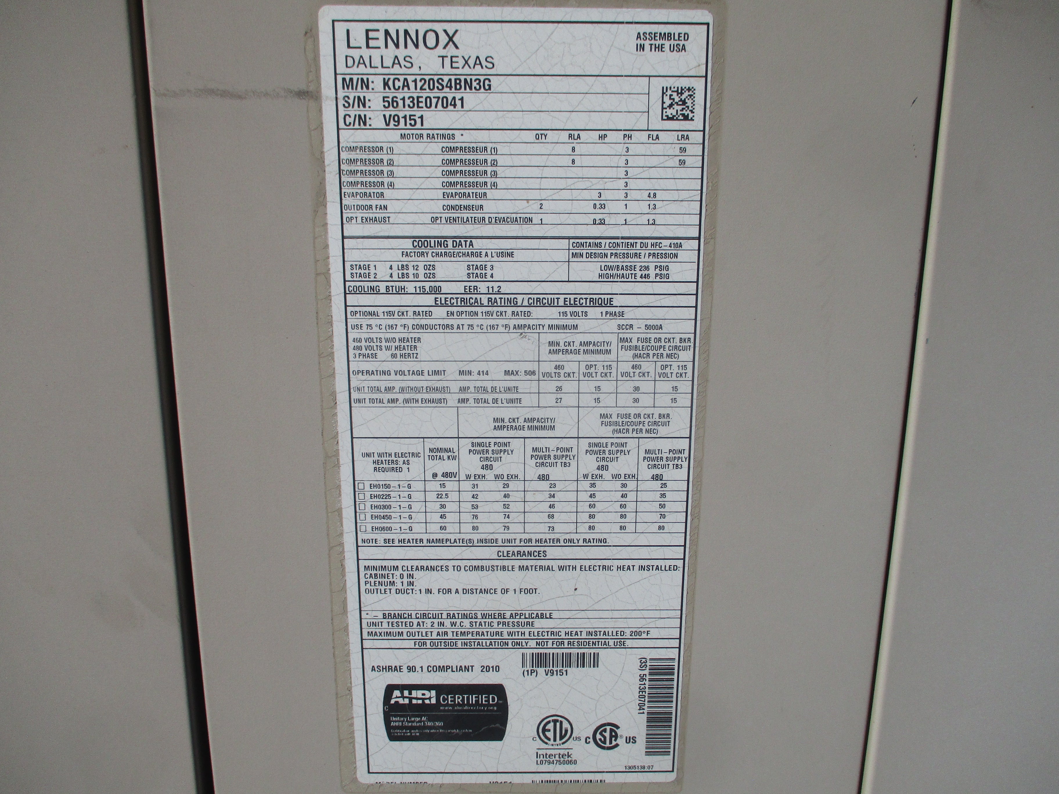 Lennox Rooftop Unit KCA120S4BN3G 10-Ton 460V 3Ph MFD: 2013 *No Heat* Used