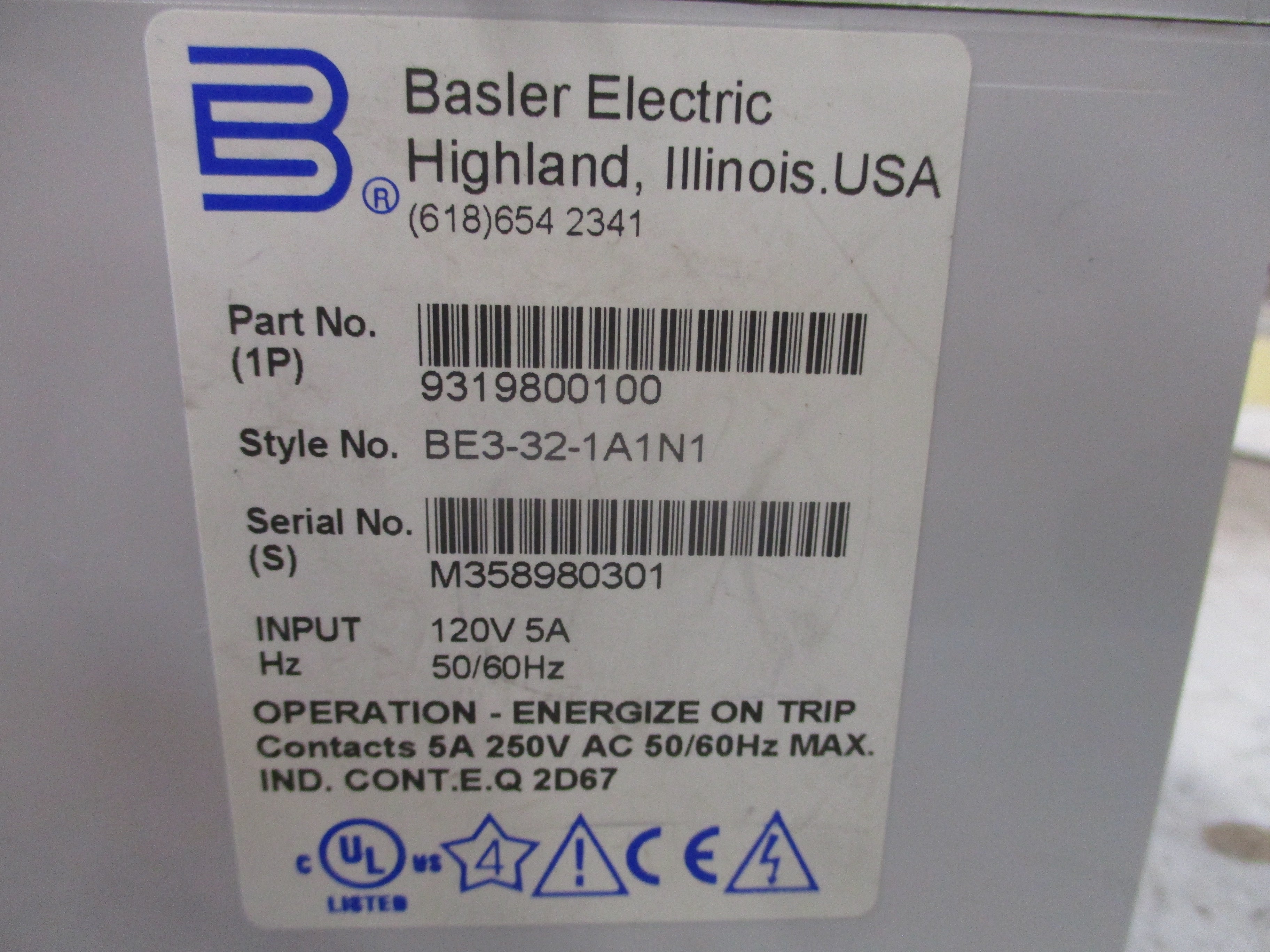 Basler Reverse Power Relay BE3-32-1A1N1 120V 50/60Hz 5A *No Terminal Cover* Used