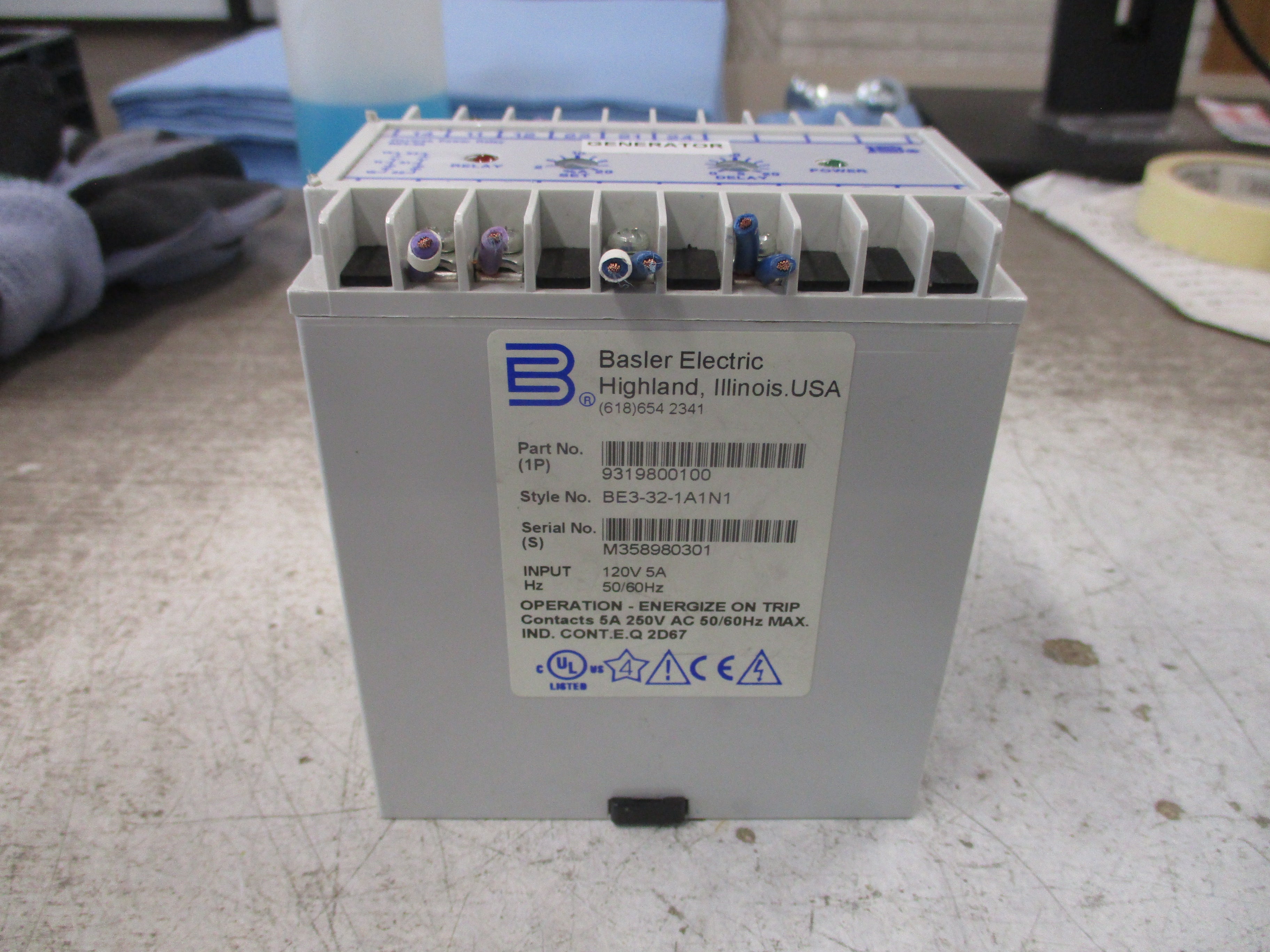 Basler Reverse Power Relay BE3-32-1A1N1 120V 50/60Hz 5A *No Terminal Cover* Used