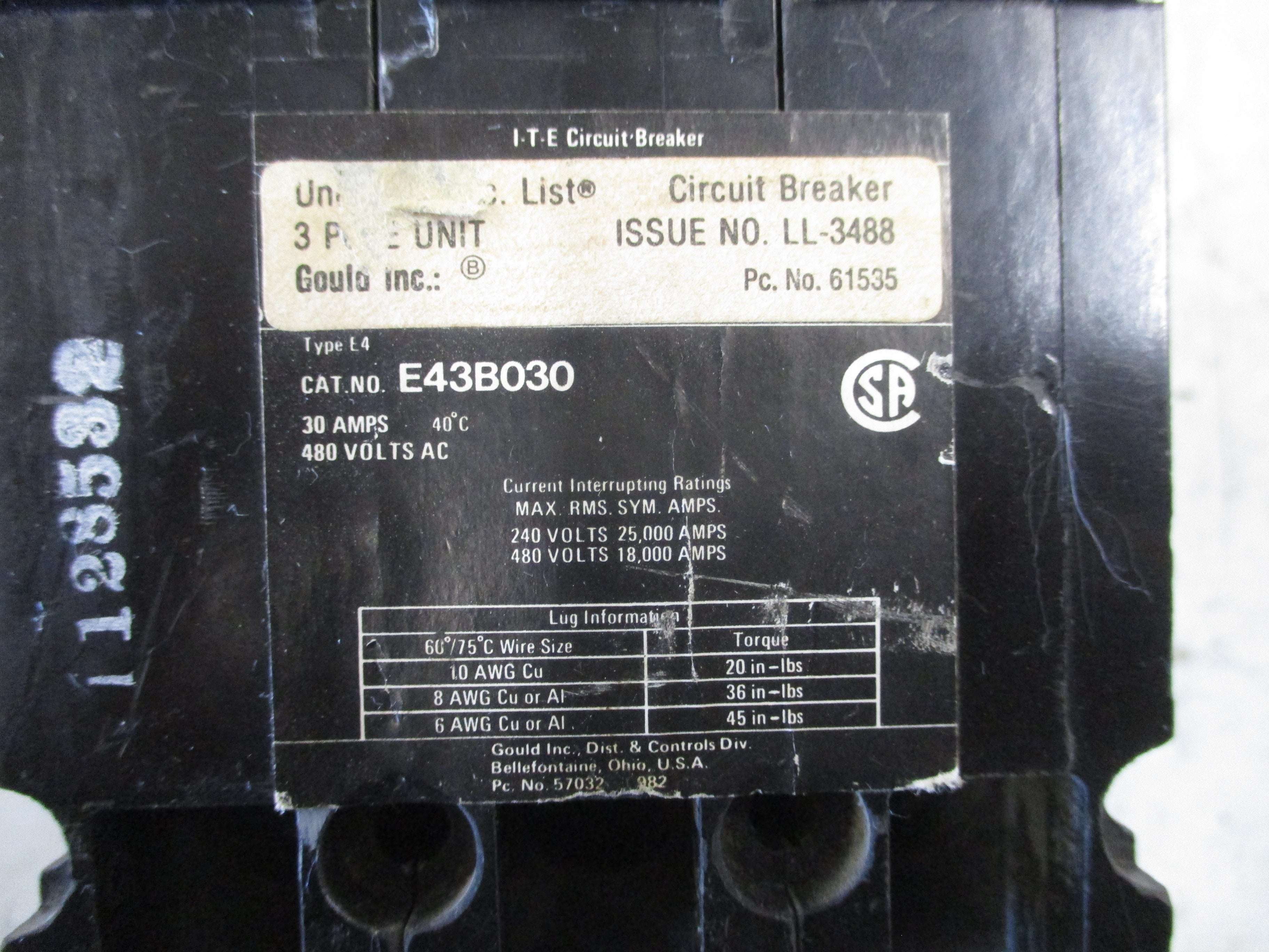 ITE Circuit Breaker E43B030 30A 480V 3P *(1) Lug* Used