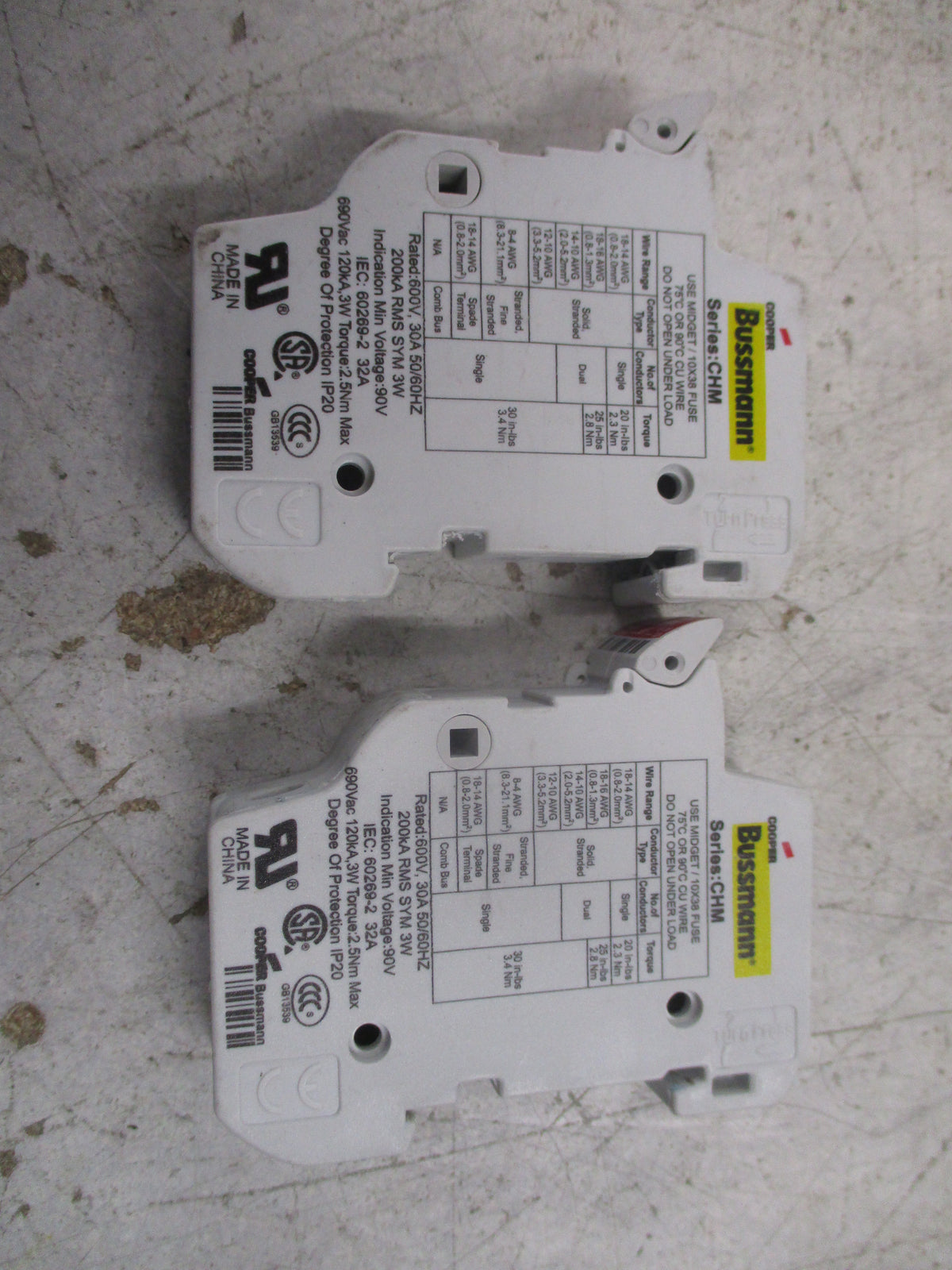 Cooper Bussmann Fuseholder CHM1 30A 600V 1P * Lot of 2 * Used