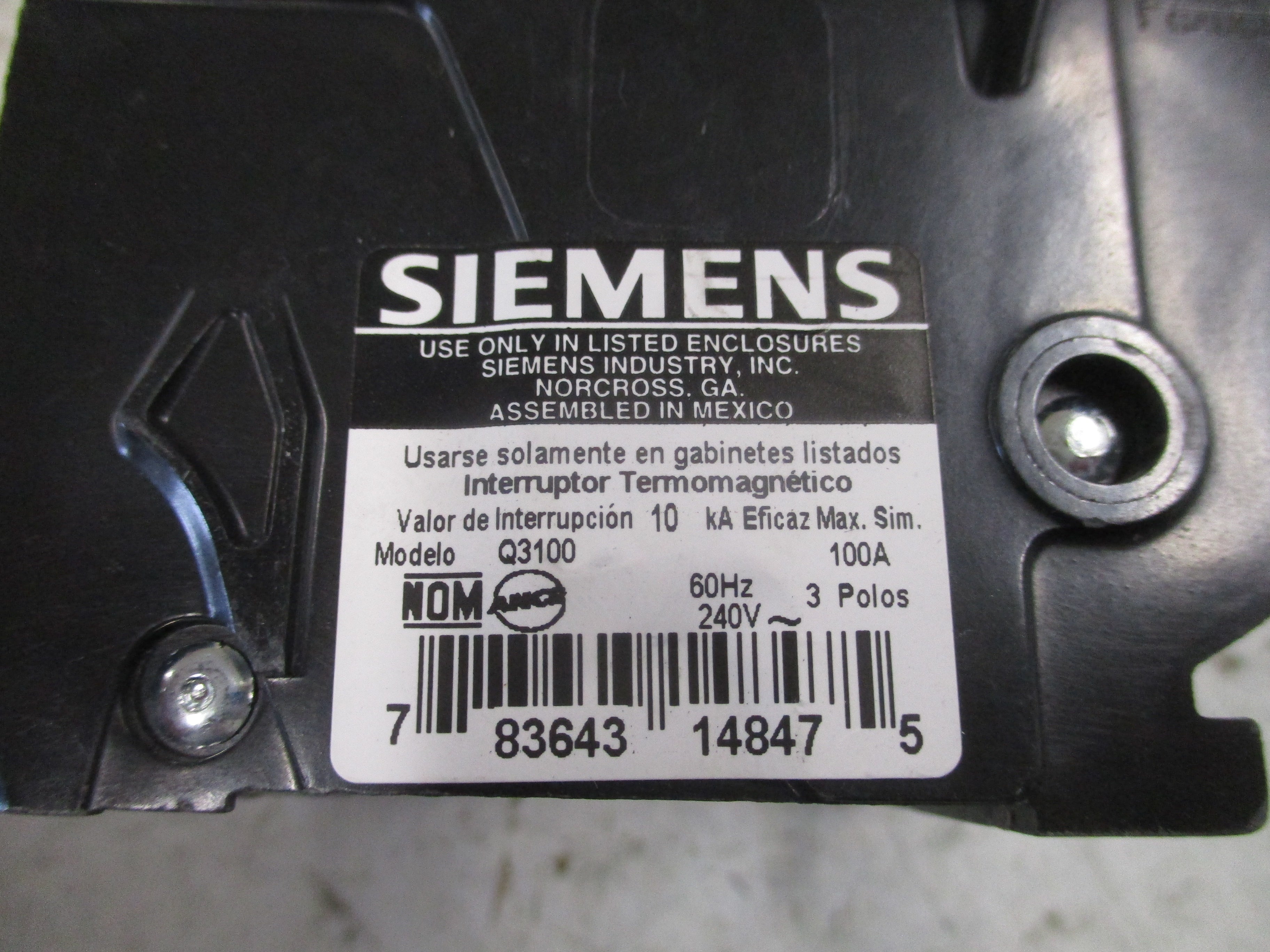 Siemens Type QP Clip-On Circuit Breaker Q3100 100A 240V 3P Used