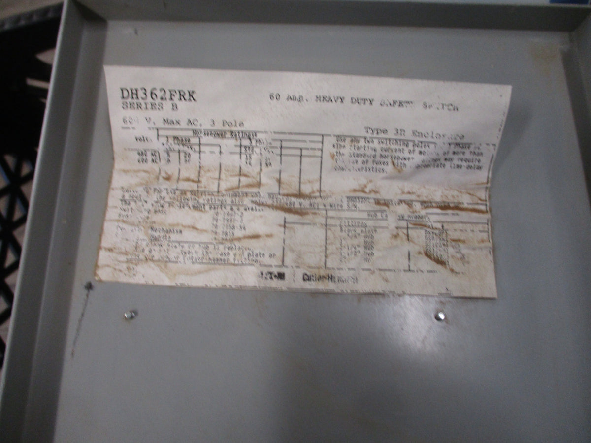 Eaton 3R Fusible Safety Switch/Disconnect DH362FRK Ser. B 60A 600V 3P Used