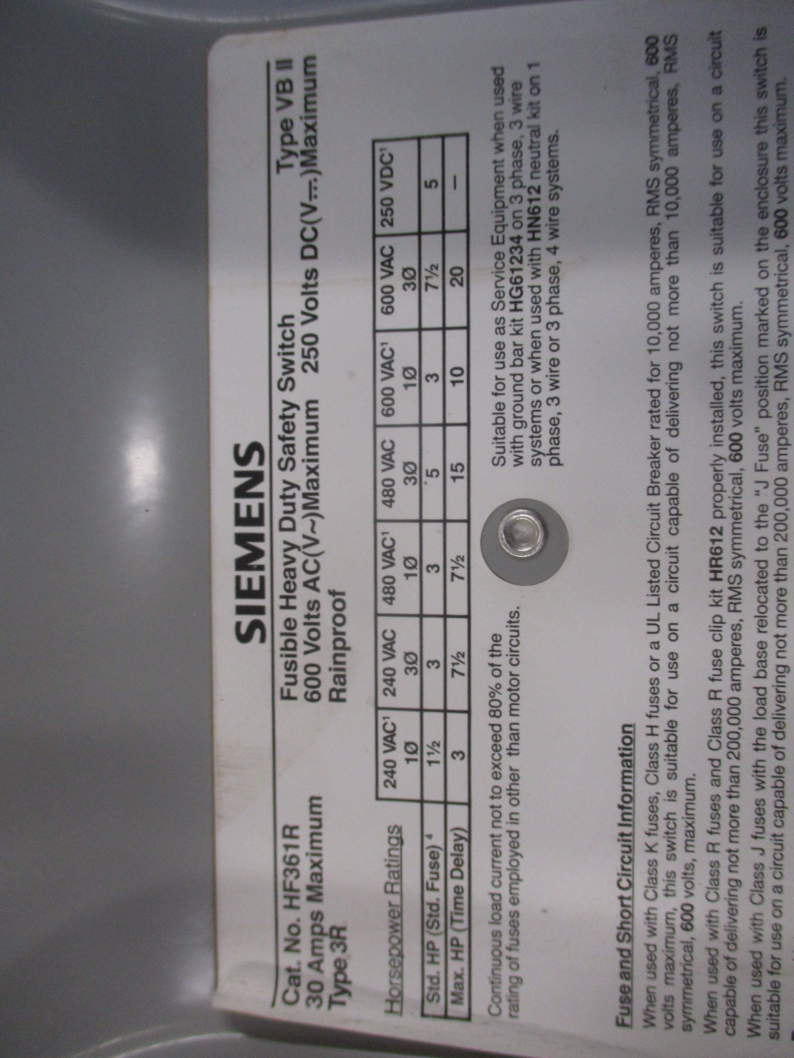 Siemens 3R Fusible Safety Switch/Disconnect HF361R 30A 600V 3P Used