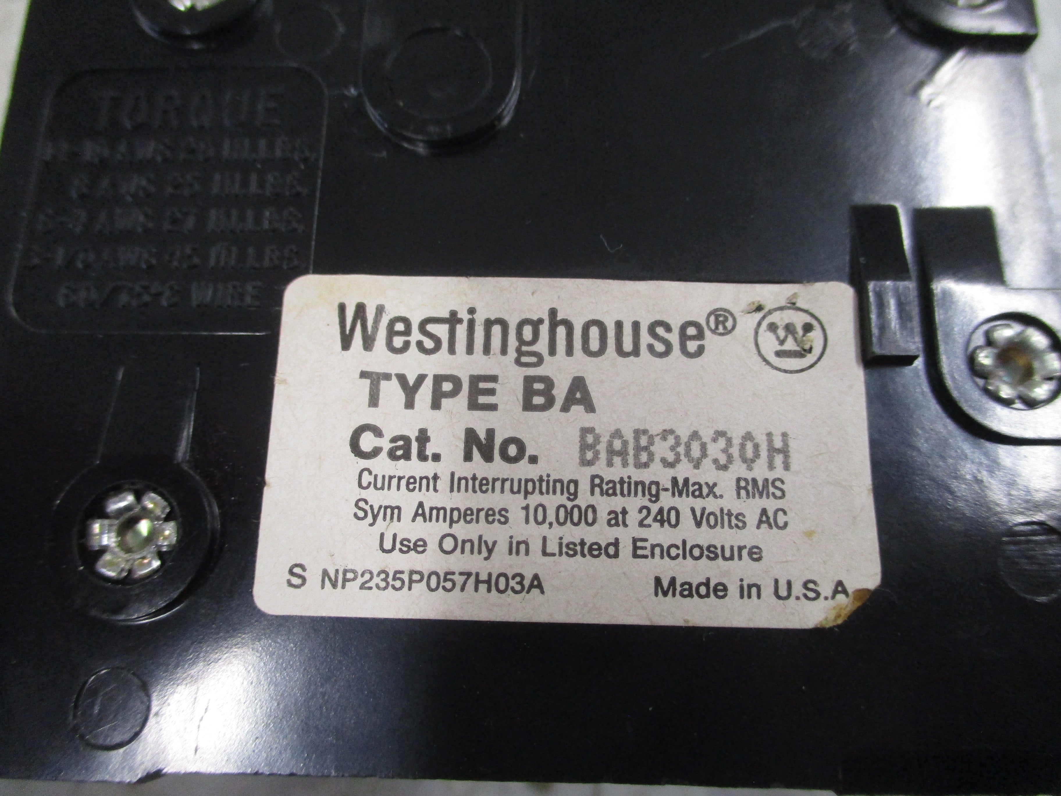 Westinghouse Type BA Bolt-On Circuit Breaker BAB3030H 30A 240V 3P Used
