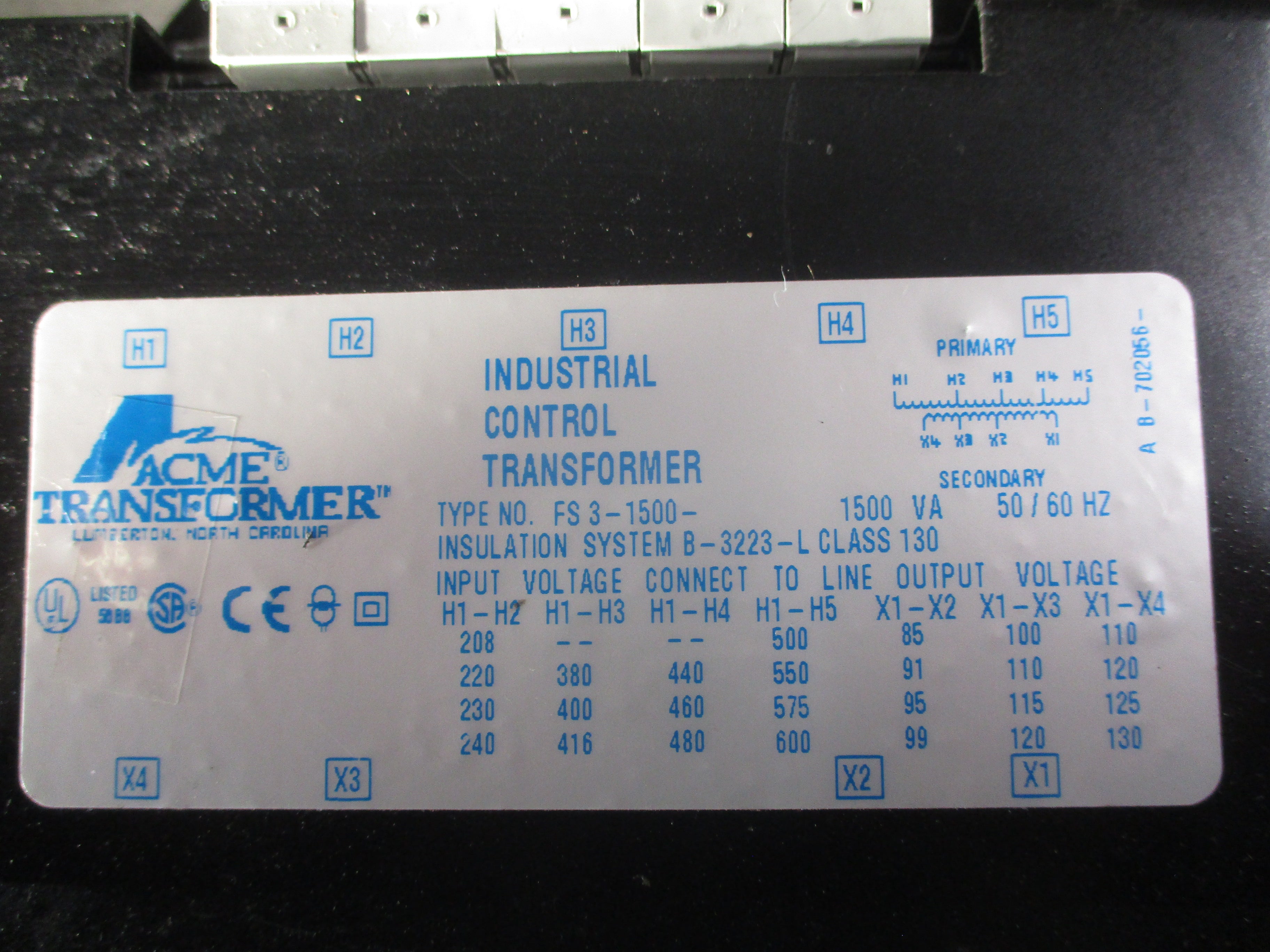 Acme Transformer Control Transformer FS 3-1500 1500VA Pri: 240/480/600V Used