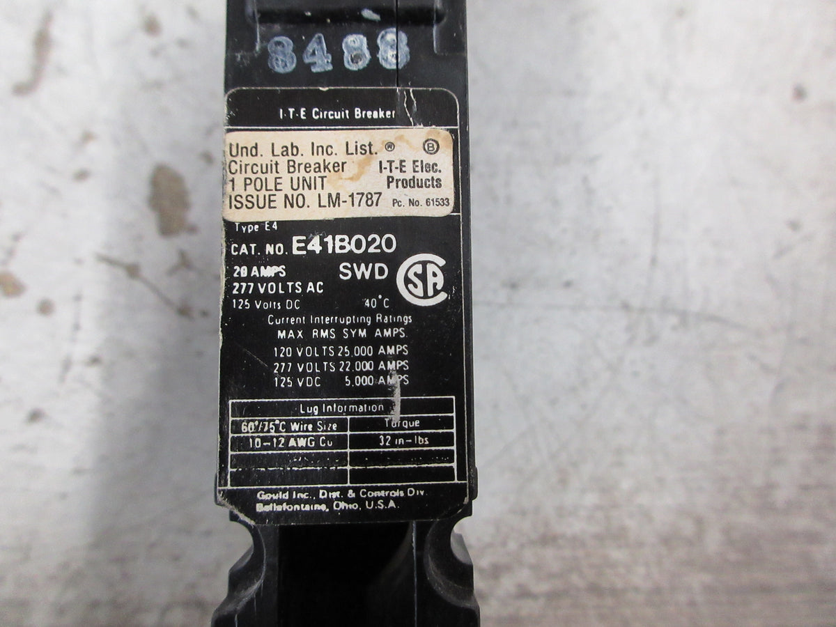 Gould ITE Circuit Breaker E41B020 20A 277V 1P Used