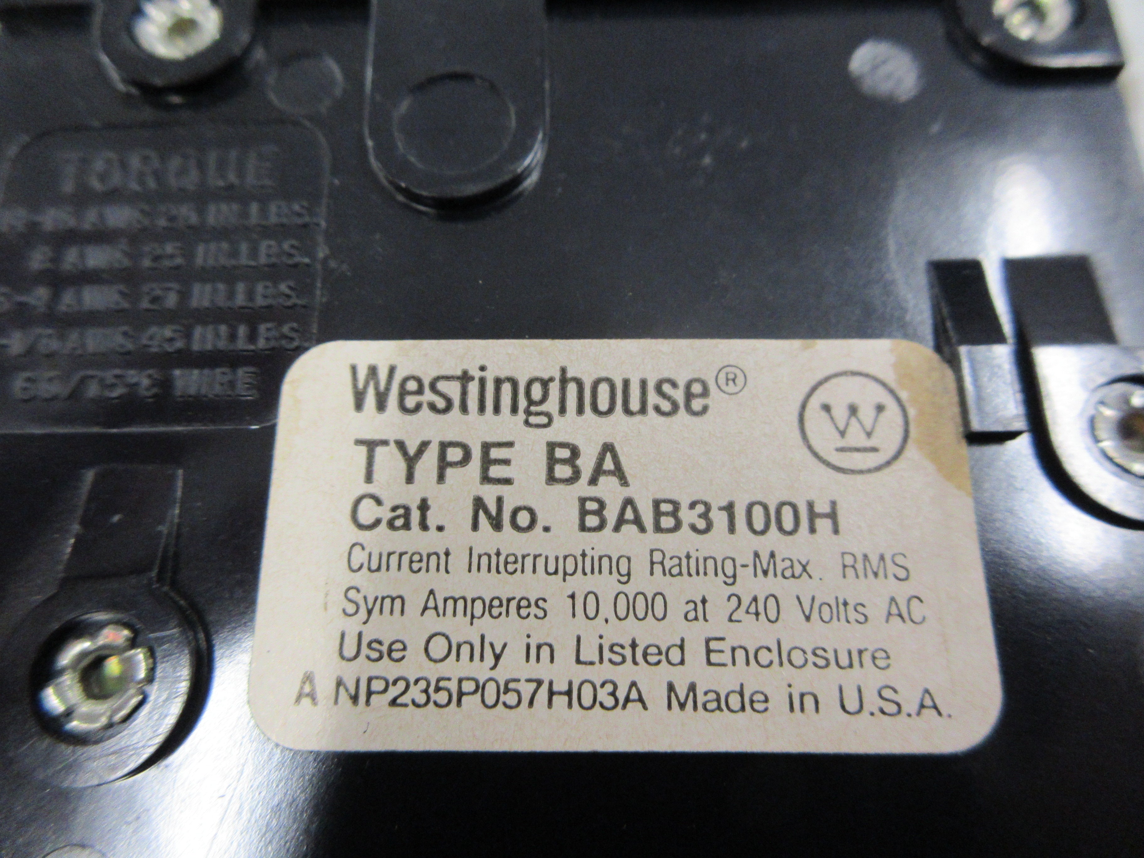 Westinghouse Type BA Bolt-On Circuit Breaker BAB3100H 100A 240V 3P Used