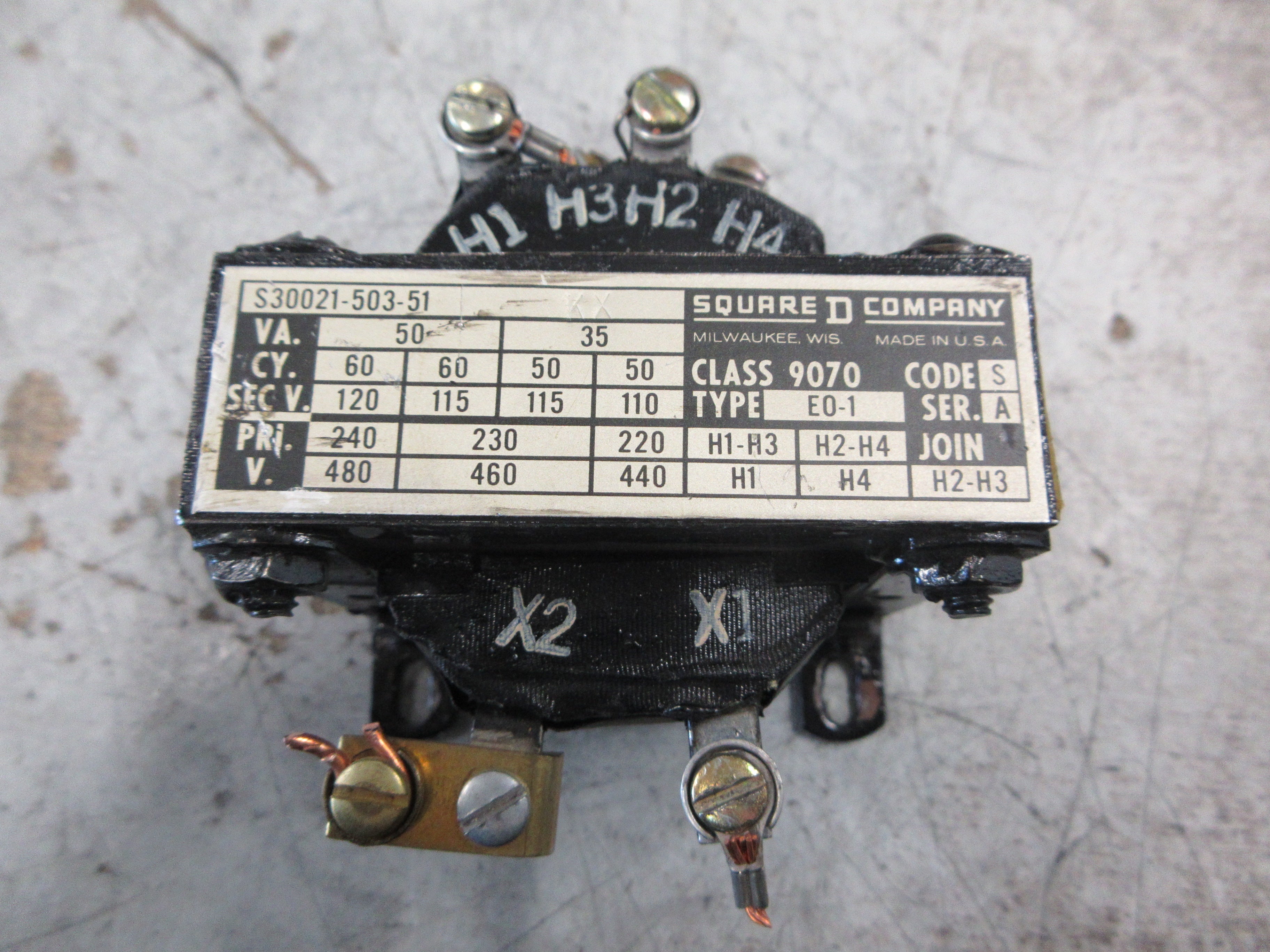 Square D Transformer 9070 E0-1 Ser. A 50VA Pri: 240/480V Sec: 120V Used