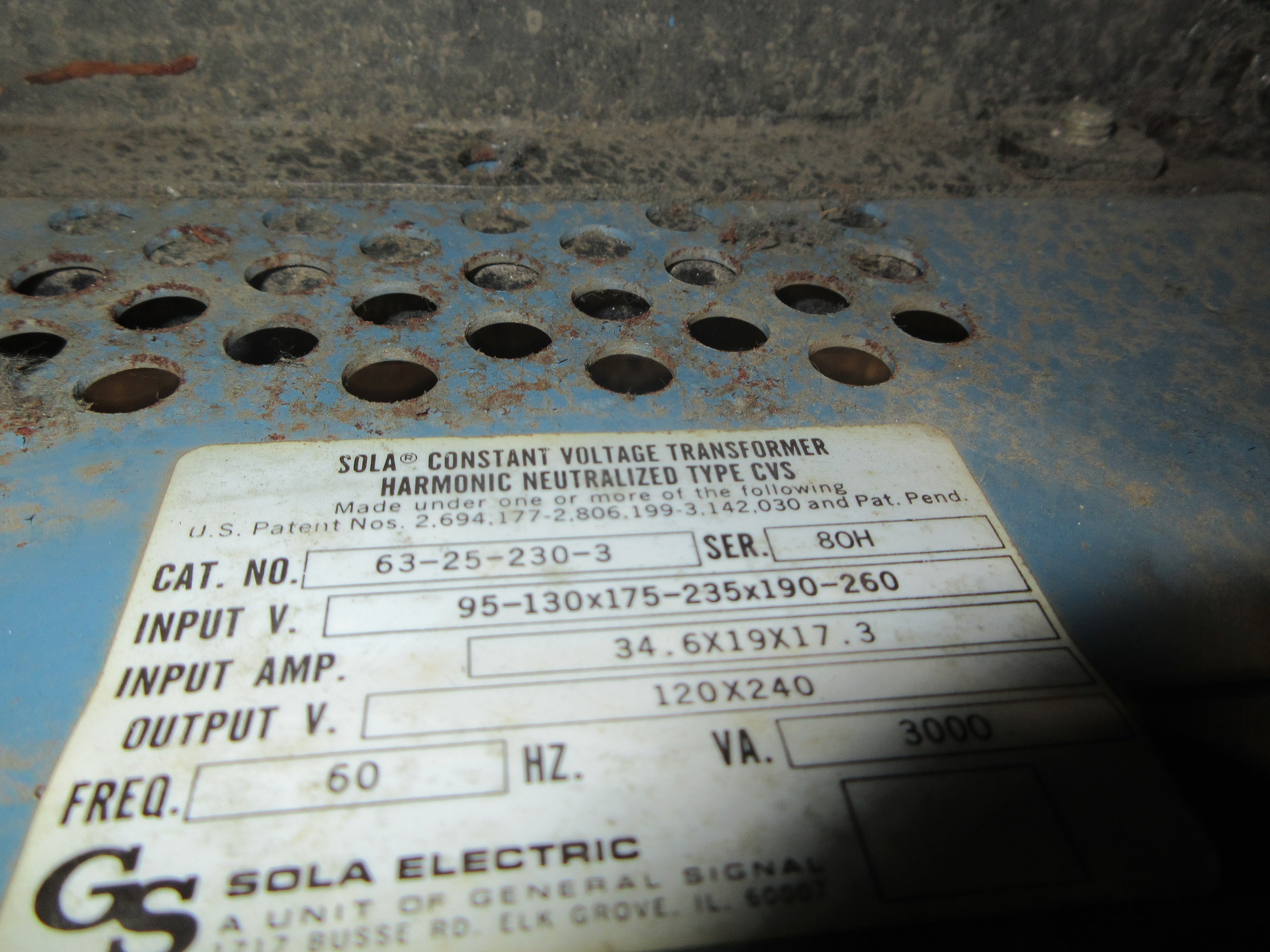 Sola Constant Voltage Transformer 63-25-230-3 3000VA Used