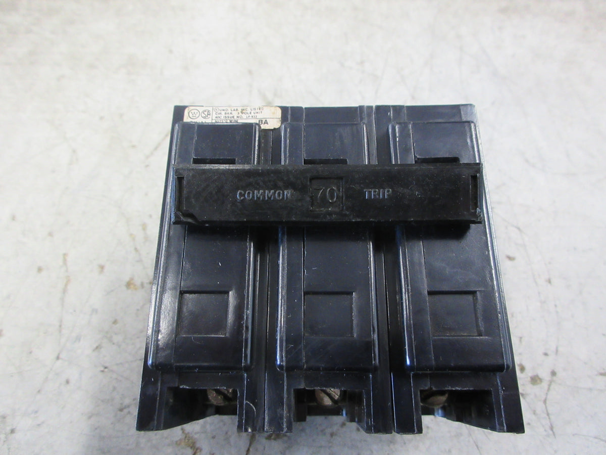 Westinghouse Type BA Bolt-On Circuit Breaker BAB3070H 70A 240V 3P Used