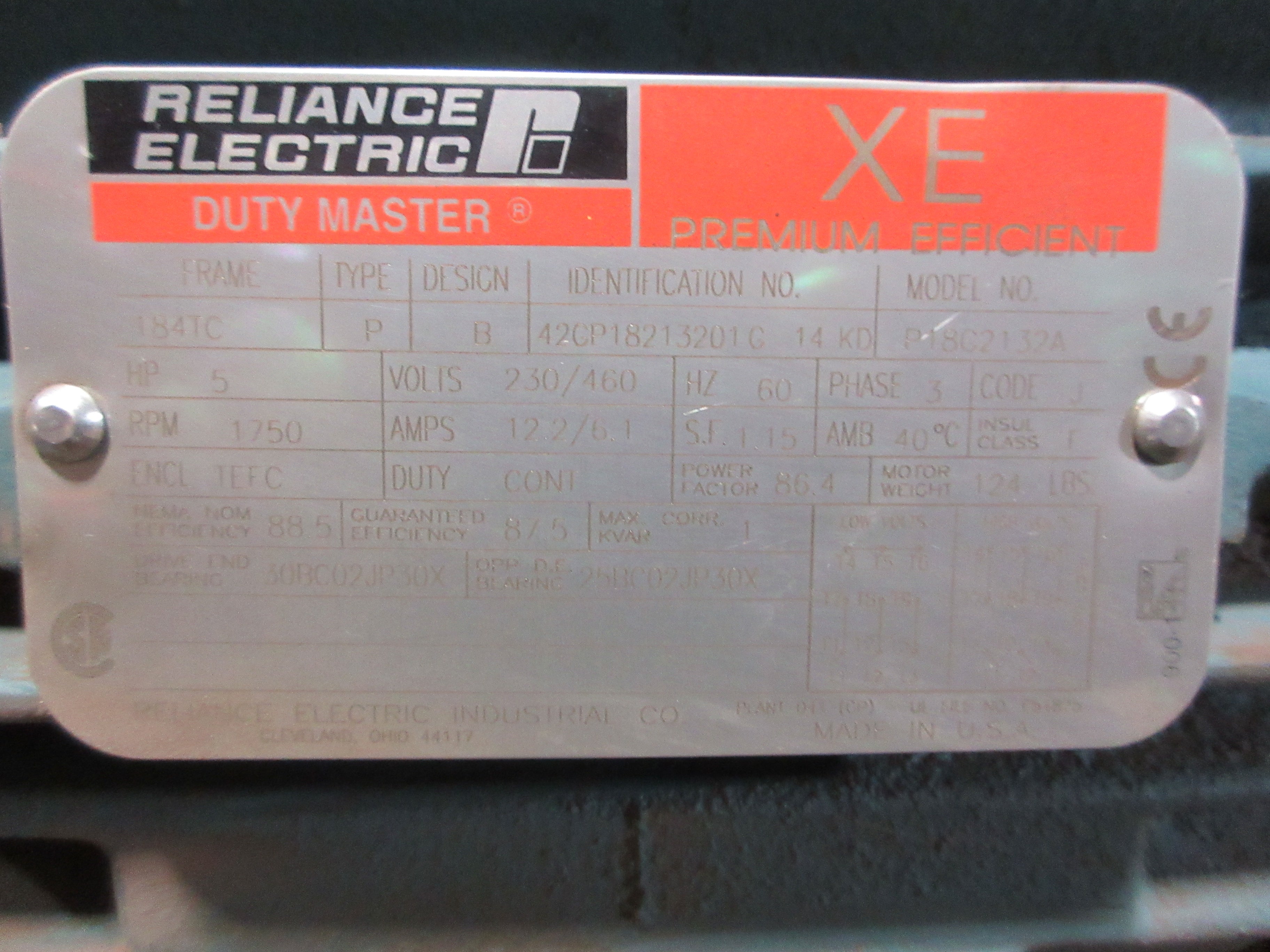 Reliance Electric Gearmotor W/Brake P18G2132A 5HP 1750RPM 230/460V Used