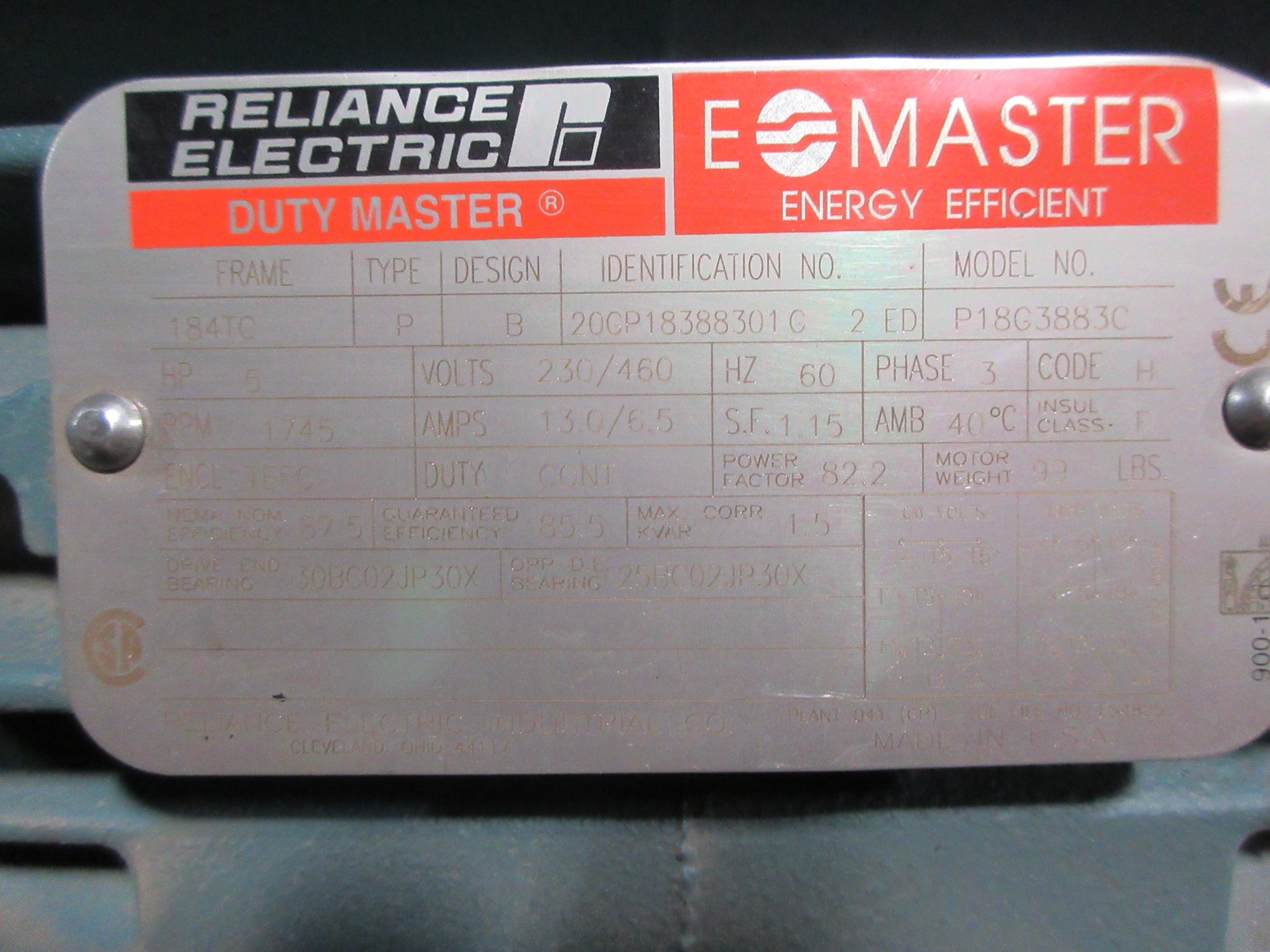 Reliance Electric Gearmotor P18G3883C 5HP 230/460V 1745RPM 13.0/6.5A Used