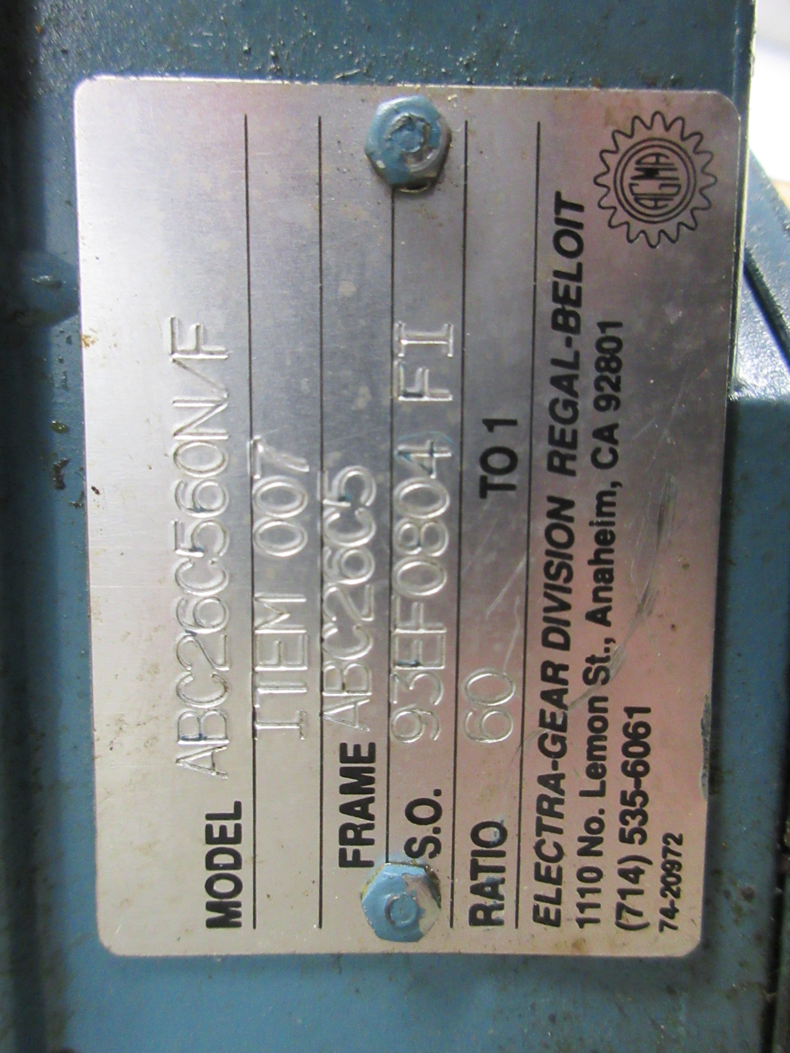 Electra-Gear Gearmotor CK75BTC / ABC26C560N/F 3/4HP 1725RPM Motor Used