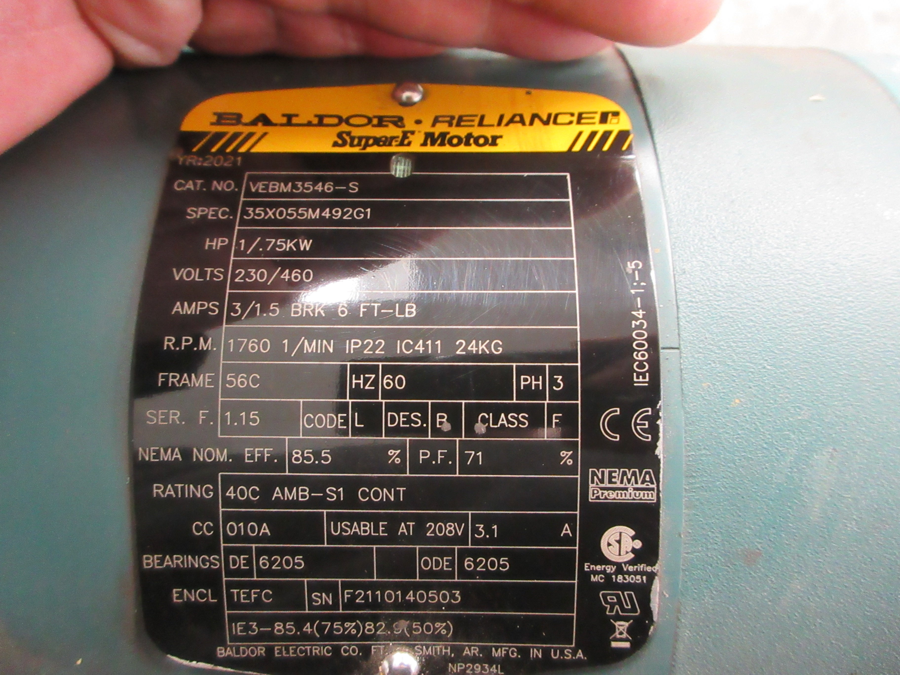 Baldor / Electra-Gear Gearmotor VEBM3546-S / ABC21C525N/F 1HP Used