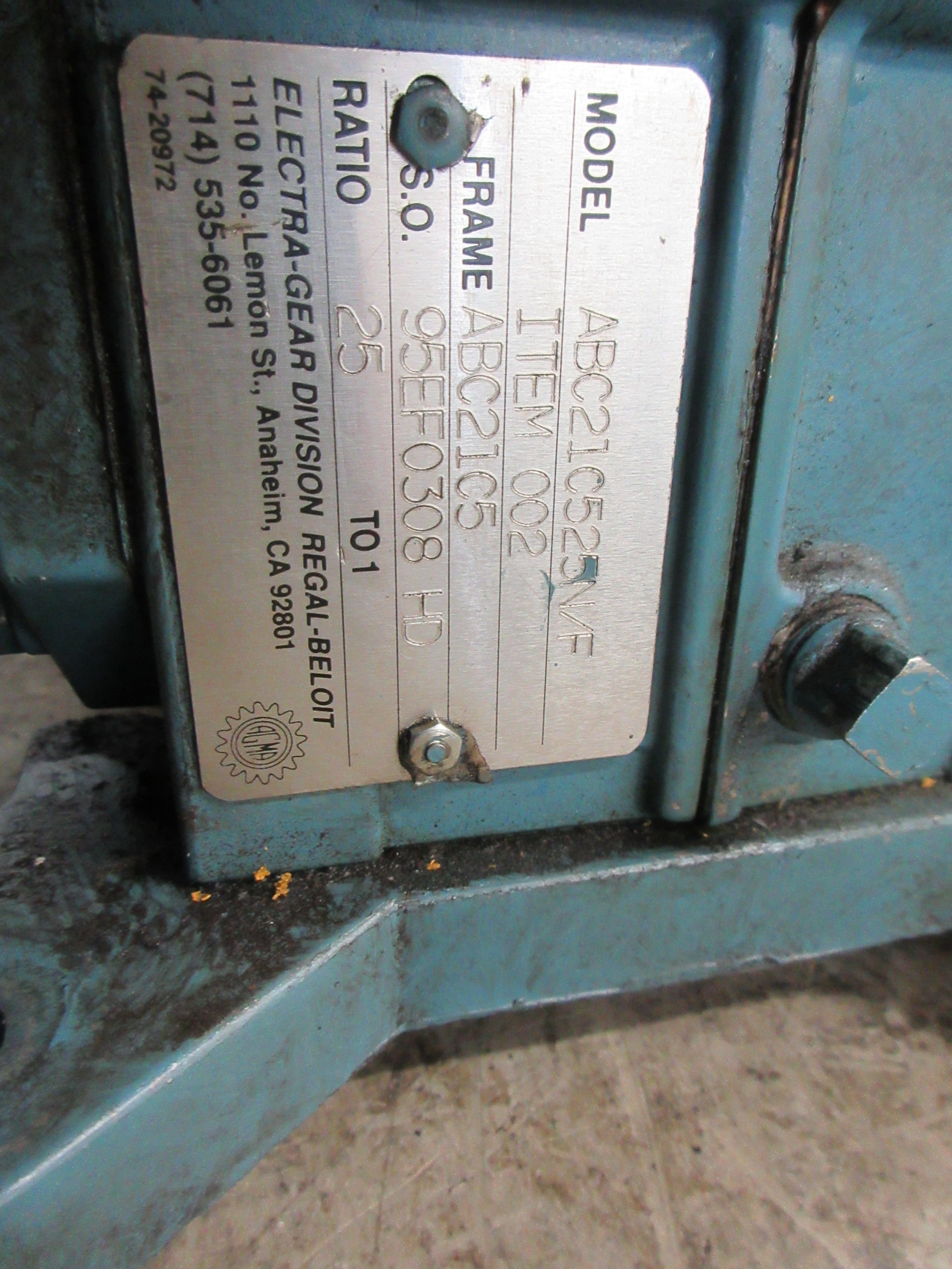 Baldor / Electra-Gear Gearmotor VEBM3546-S / ABC21C525N/F 1HP Used