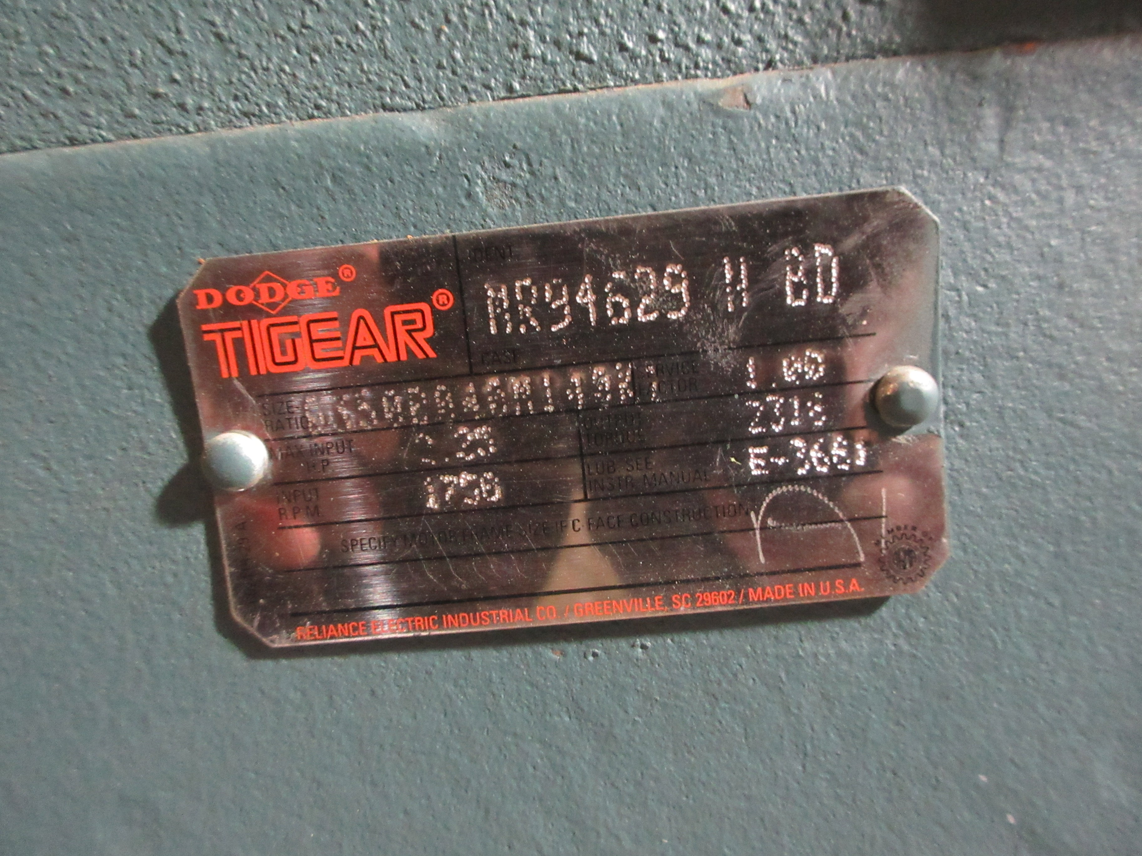 Dodge / Reliance Gearmotor MR94629 N BD / P14G9257T 1.5HP 1725RPM Motor Used