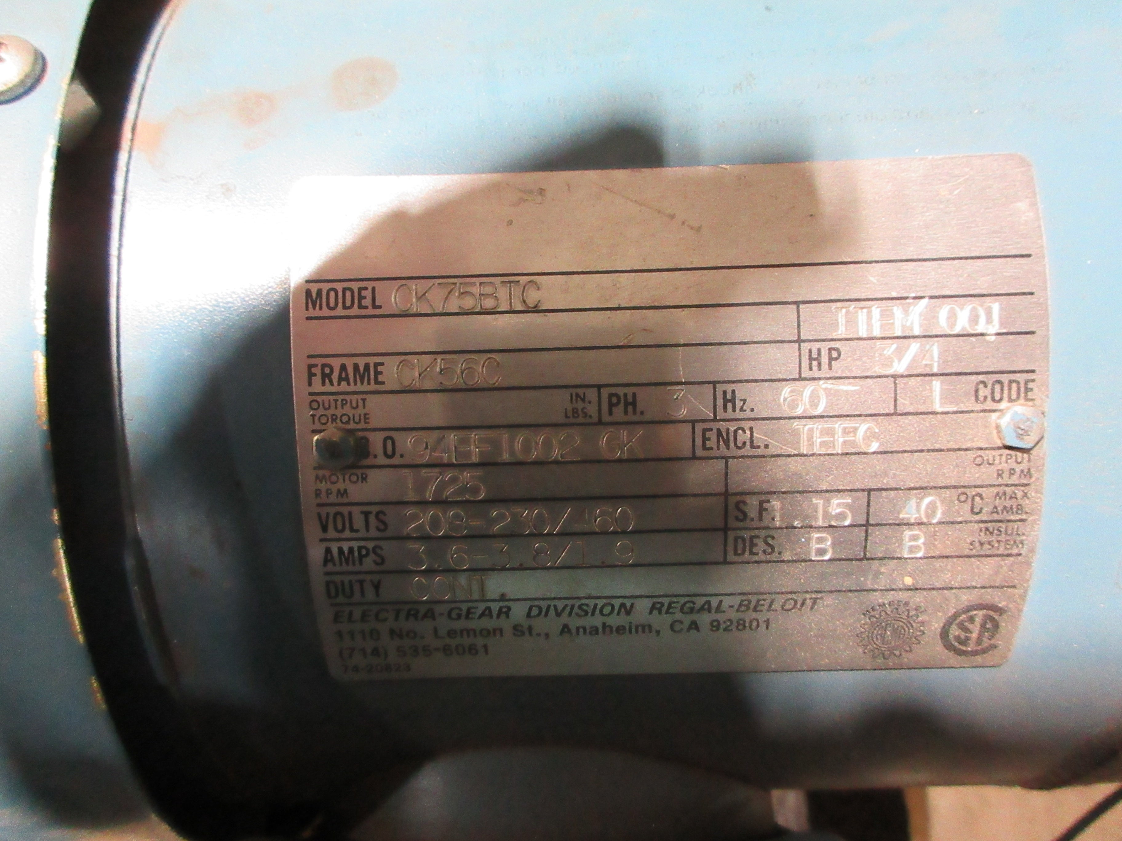 Electra-Gear Gearmotor CK75BTC / ABC26C540LE/F 3/4HP 1725RPM Motor Used