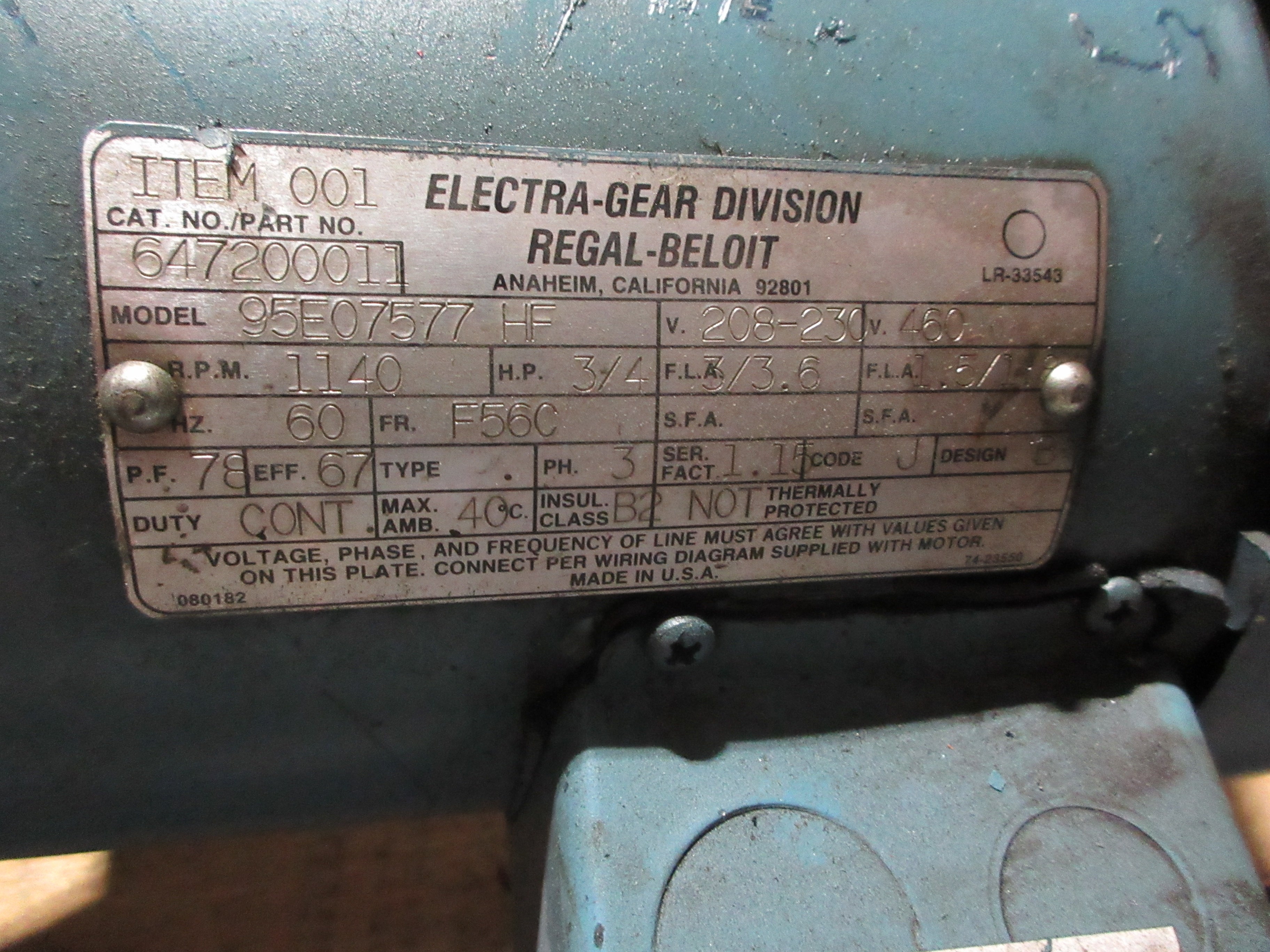 Electra-Gear Gearmotor 647200011 / ABC30C550RW/F 3/4HP 1140RPM Motor Used