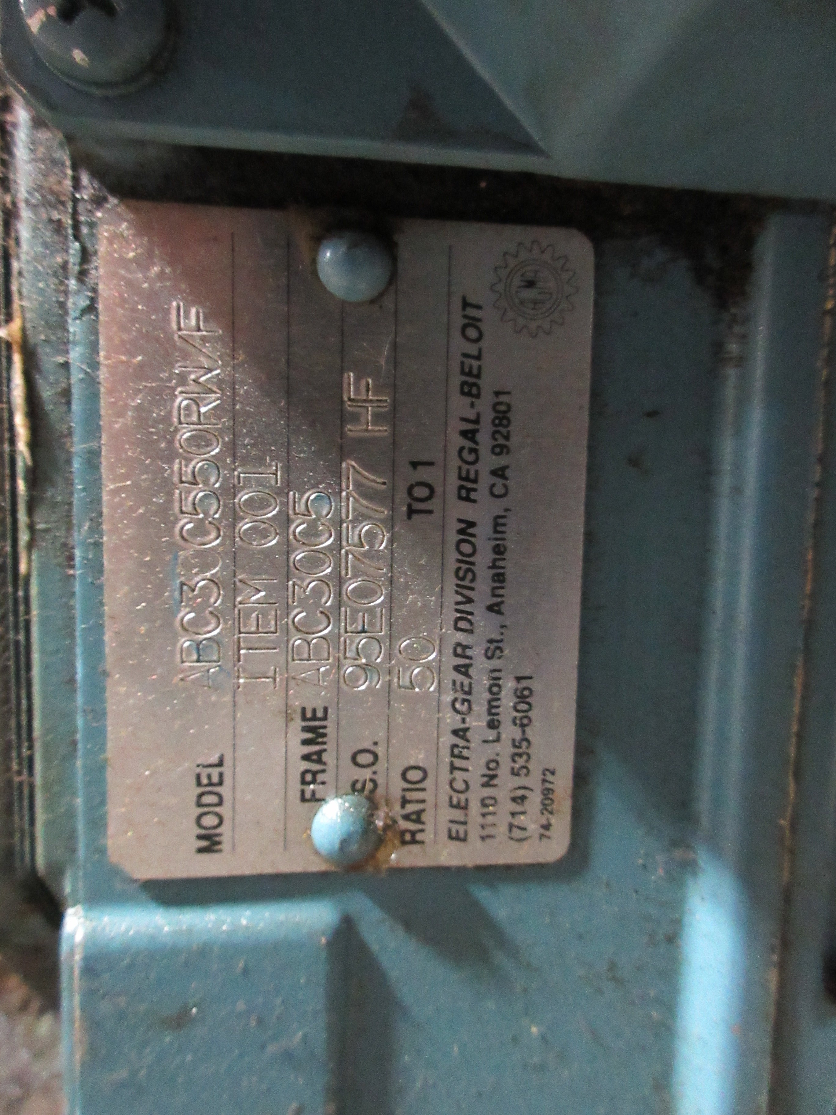 Electra-Gear Gearmotor 647200011 / ABC30C550RW/F 3/4HP 1140RPM Motor Used