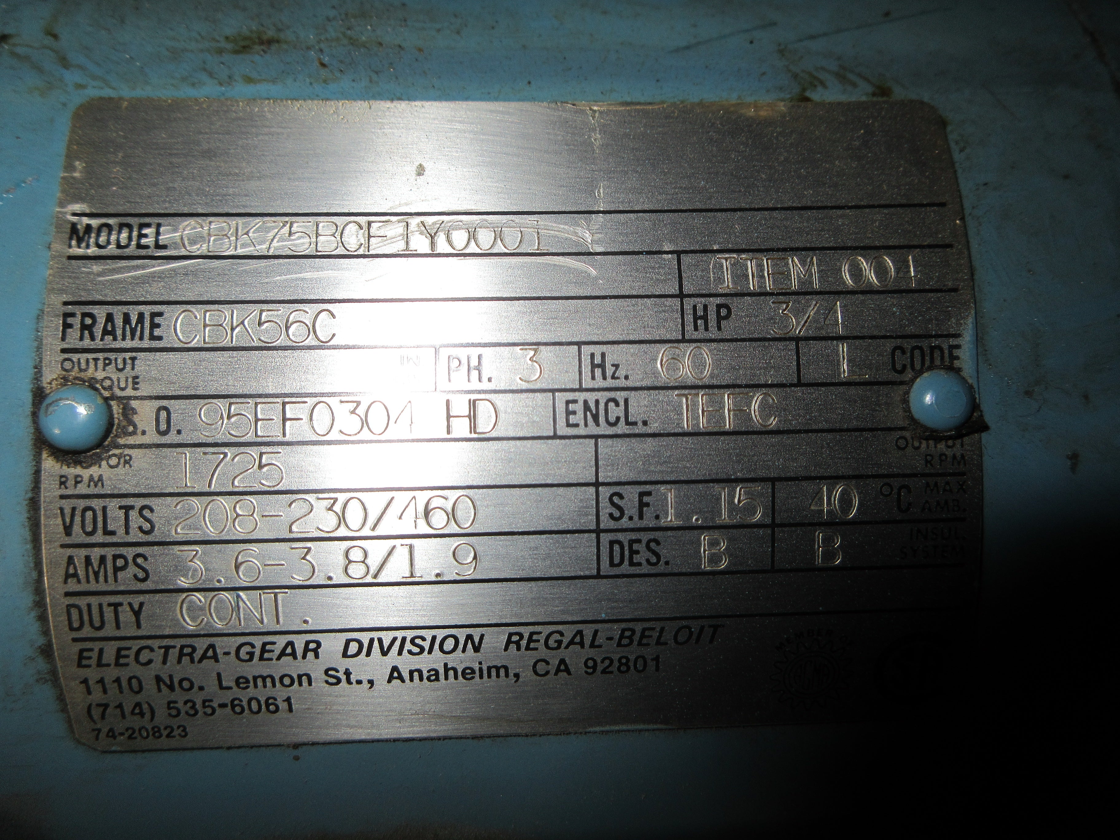 Electra-Gear Gearmotor W/Brake CBK75BCF1Y0001 / ABC21C525N/F 3/4HP Used