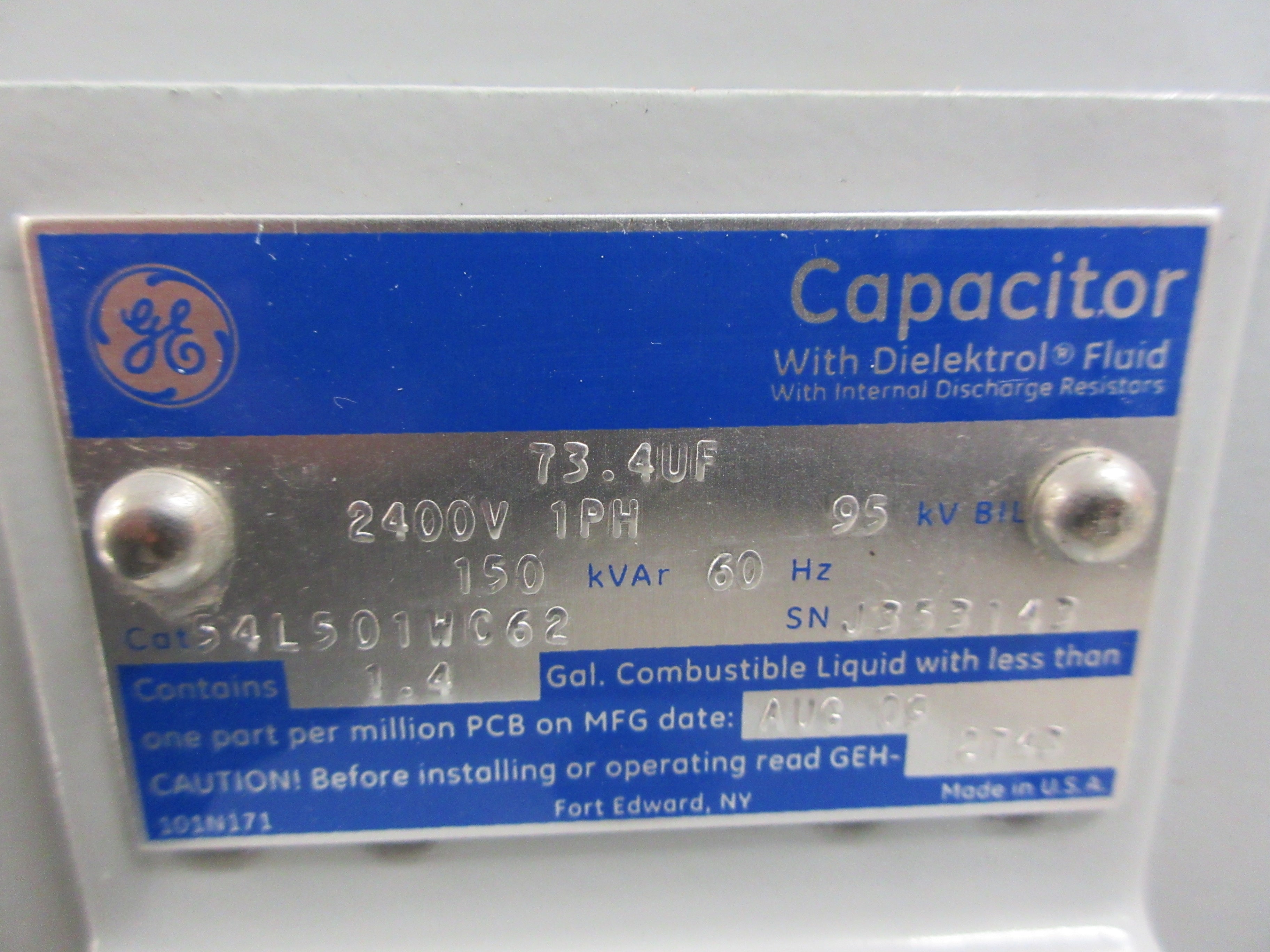 GE Capacitor 54L501WC62 150KVAR 2400V 60Hz 1Ph Used