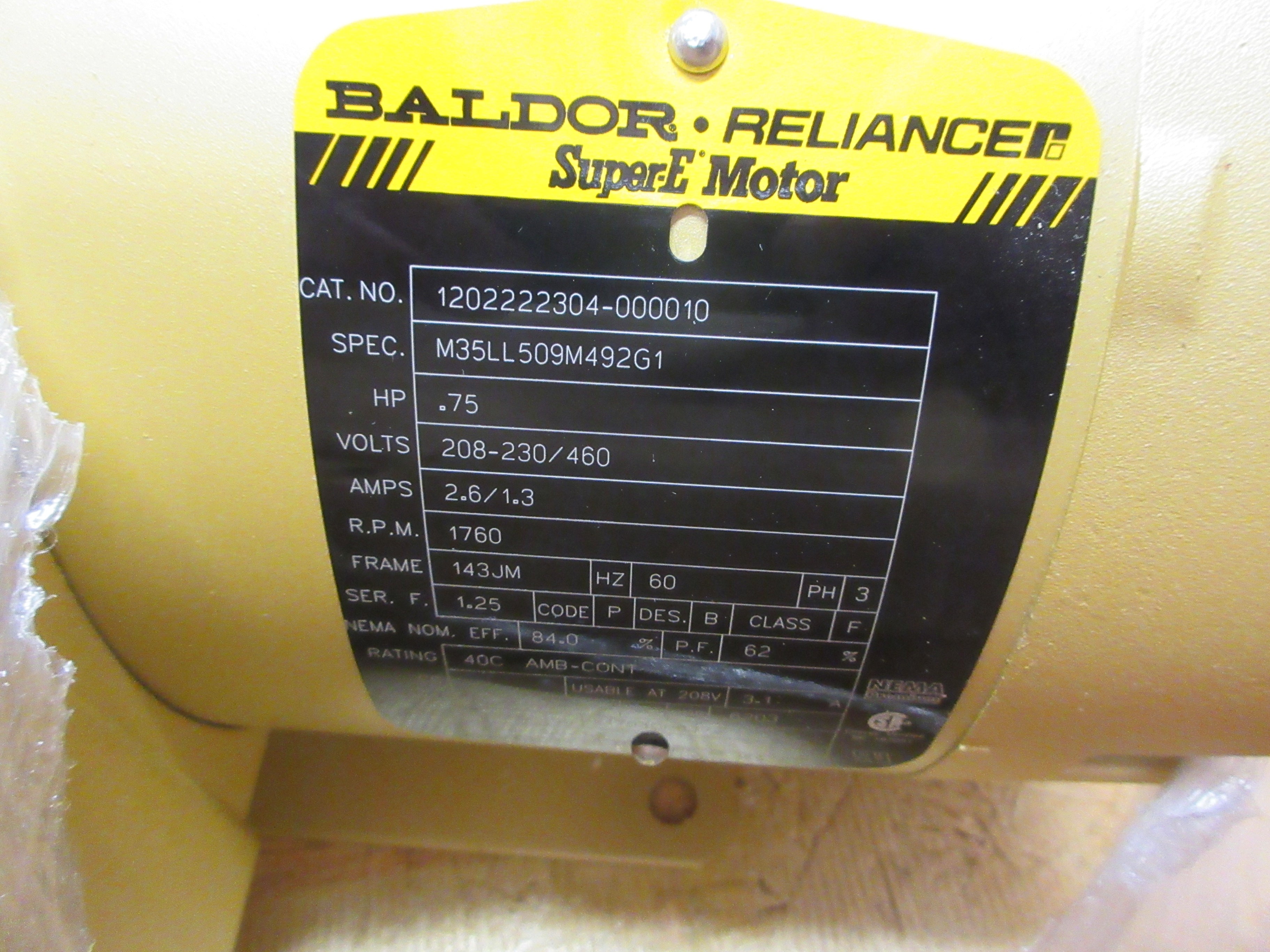 Baldor Motor 1202222304-000010 .75HP 208-230/460V 1760RPM 2.6/1.3A New Surplus