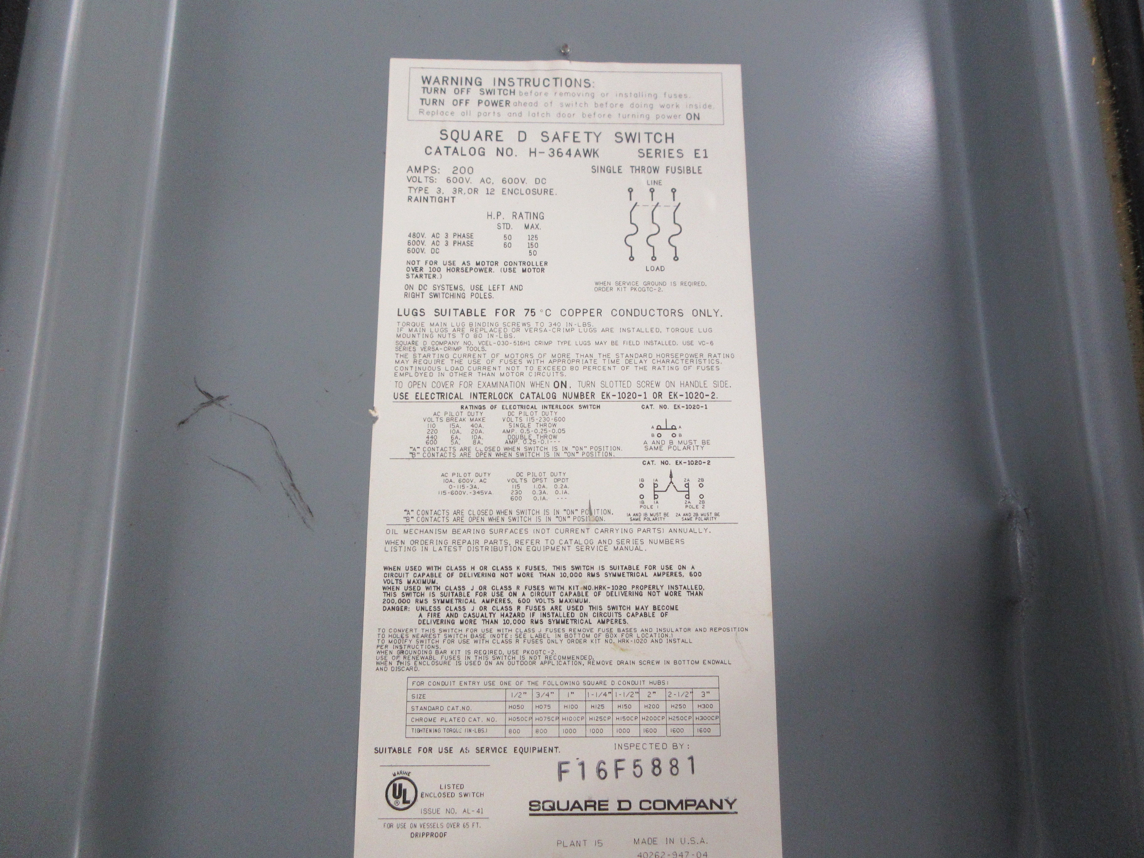 Square D 3R Fusible Safety Switch/Disconnect H-364AWK Ser. E1 200A 600V 3P Used