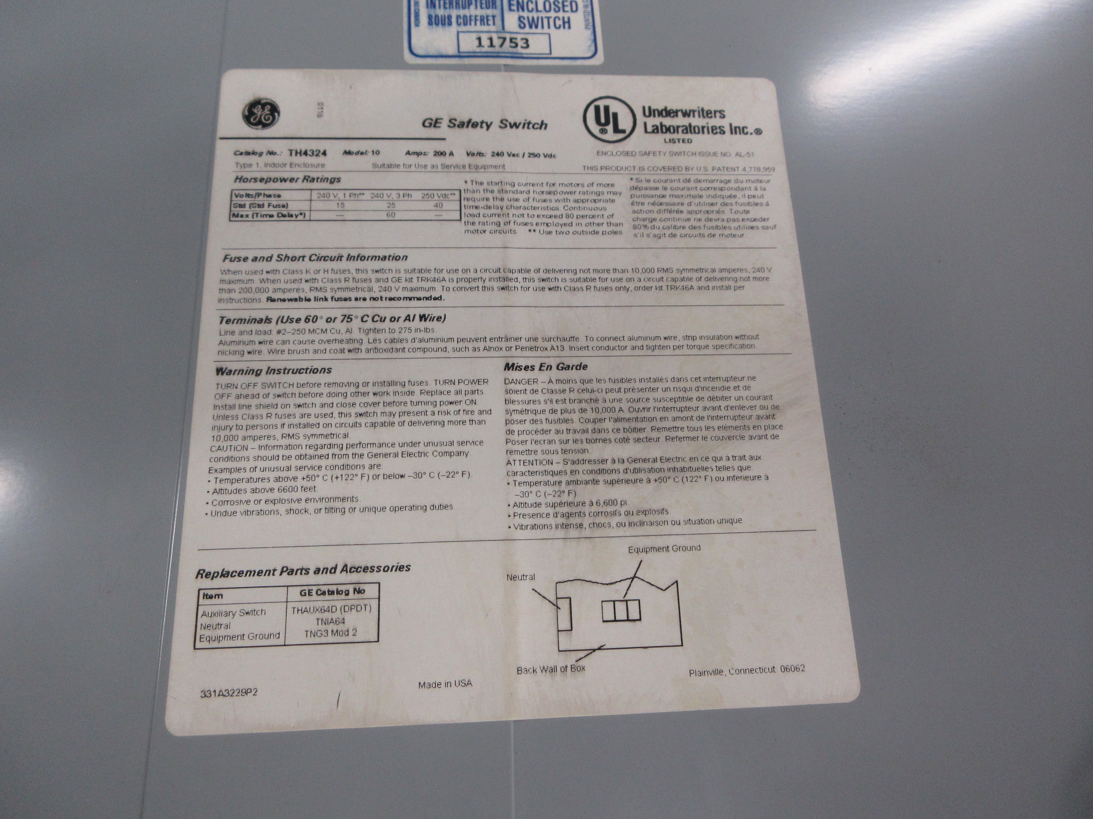 GE Fusible Safety Switch/Disconnect TH4324 Mod. 10 240V 200A Used
