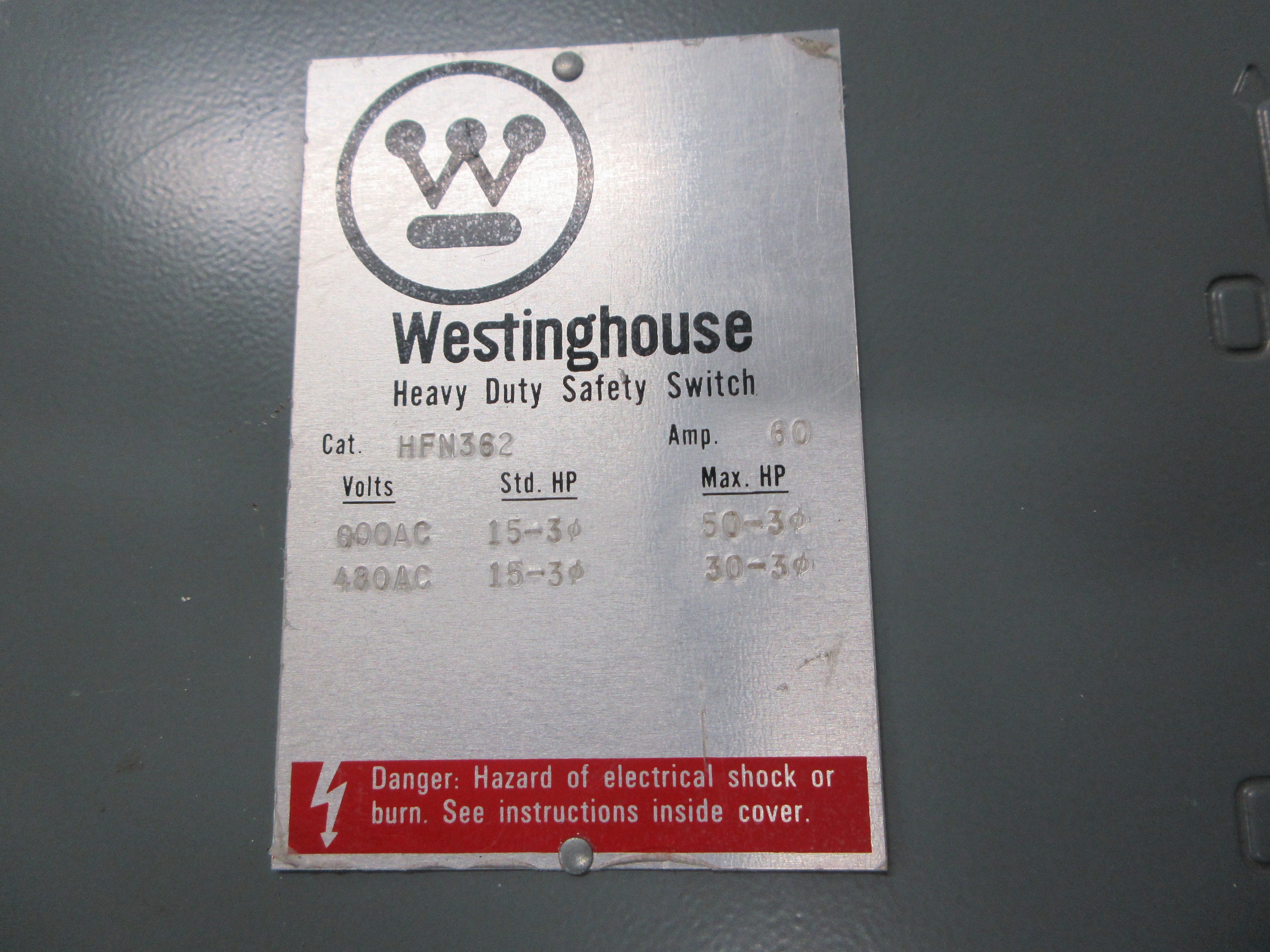 Westinghouse Fusible Safety Switch/Disconnect HFN362 60A 600V 3P Used