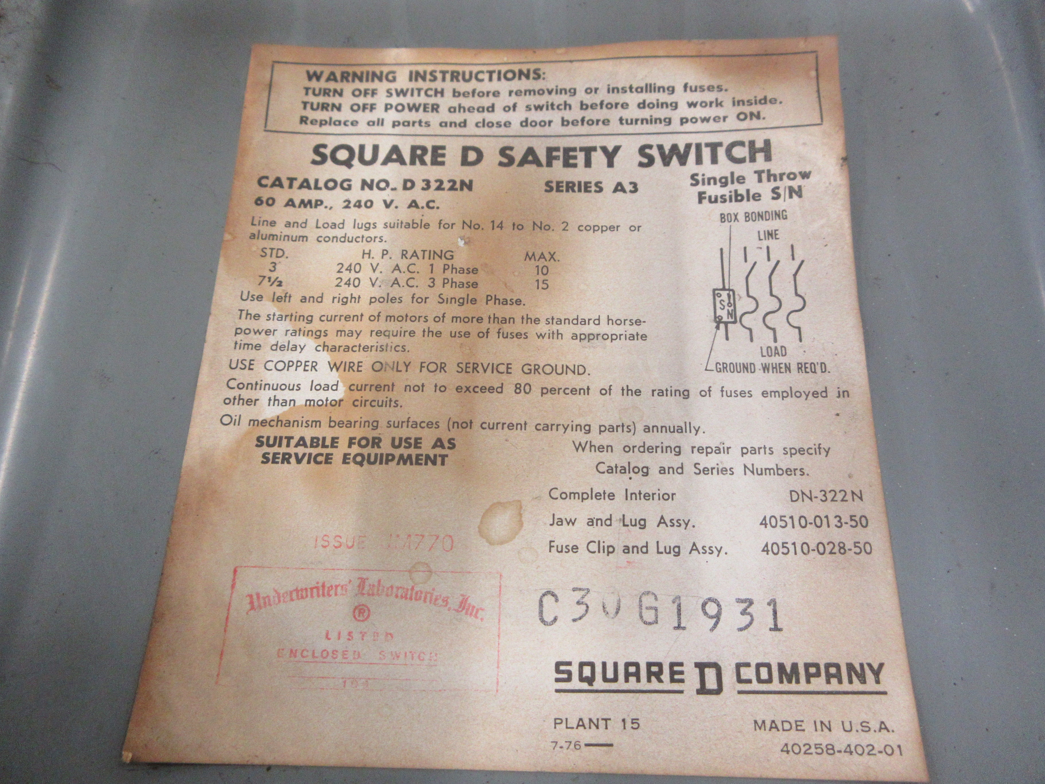 Square D Fusible Safety Switch/Disconnect D 322N Ser. A3 60A 240V 3P Used