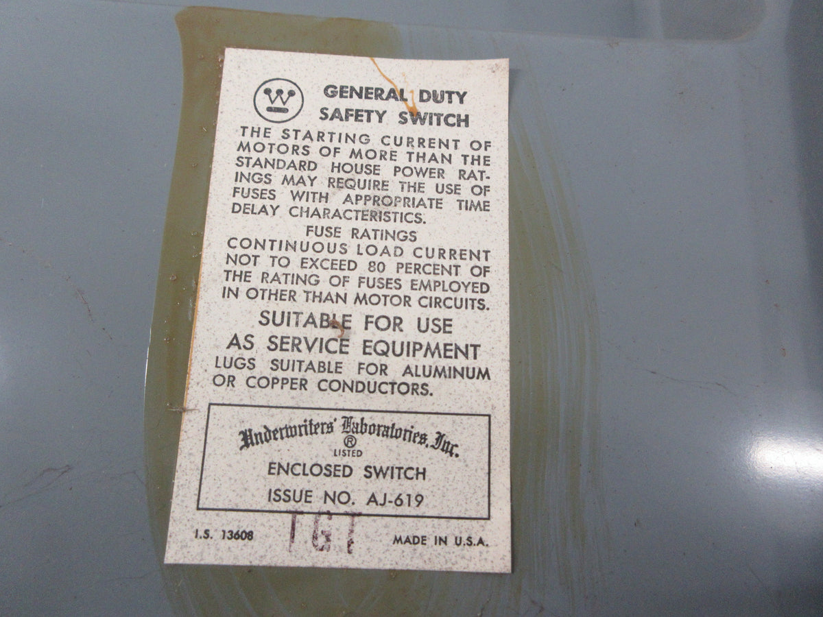 Westinghouse Fusible Safety Switch/Disconnect GF-324N 200A 240V 2P Used