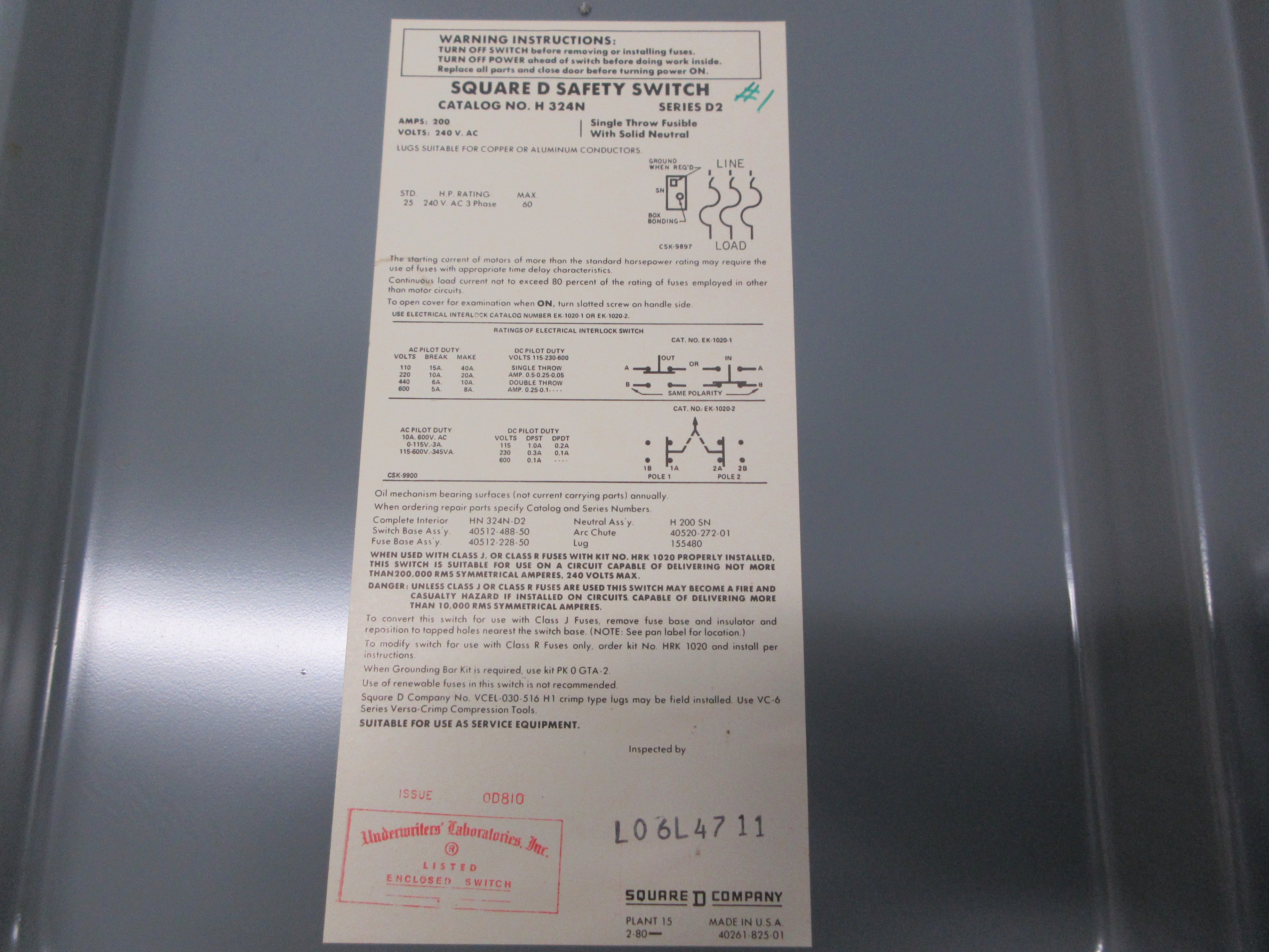 Square D Fusible Safety Switch / Disconnect H 324N Ser. D2 200A 240V 3Ph Used