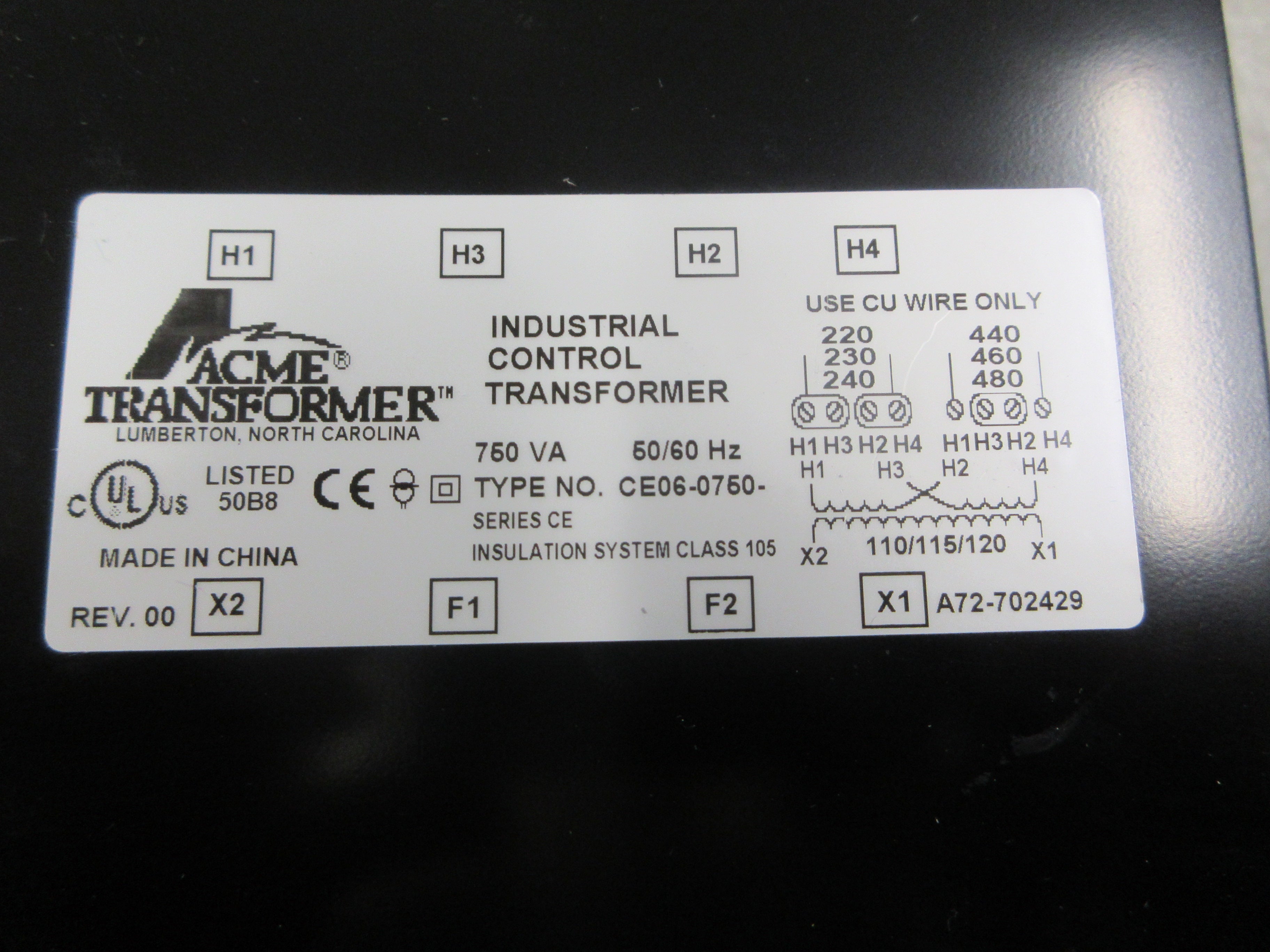 Acme Transformer Control Transformer CE06-0750 750VA Pri: 240/480V Used