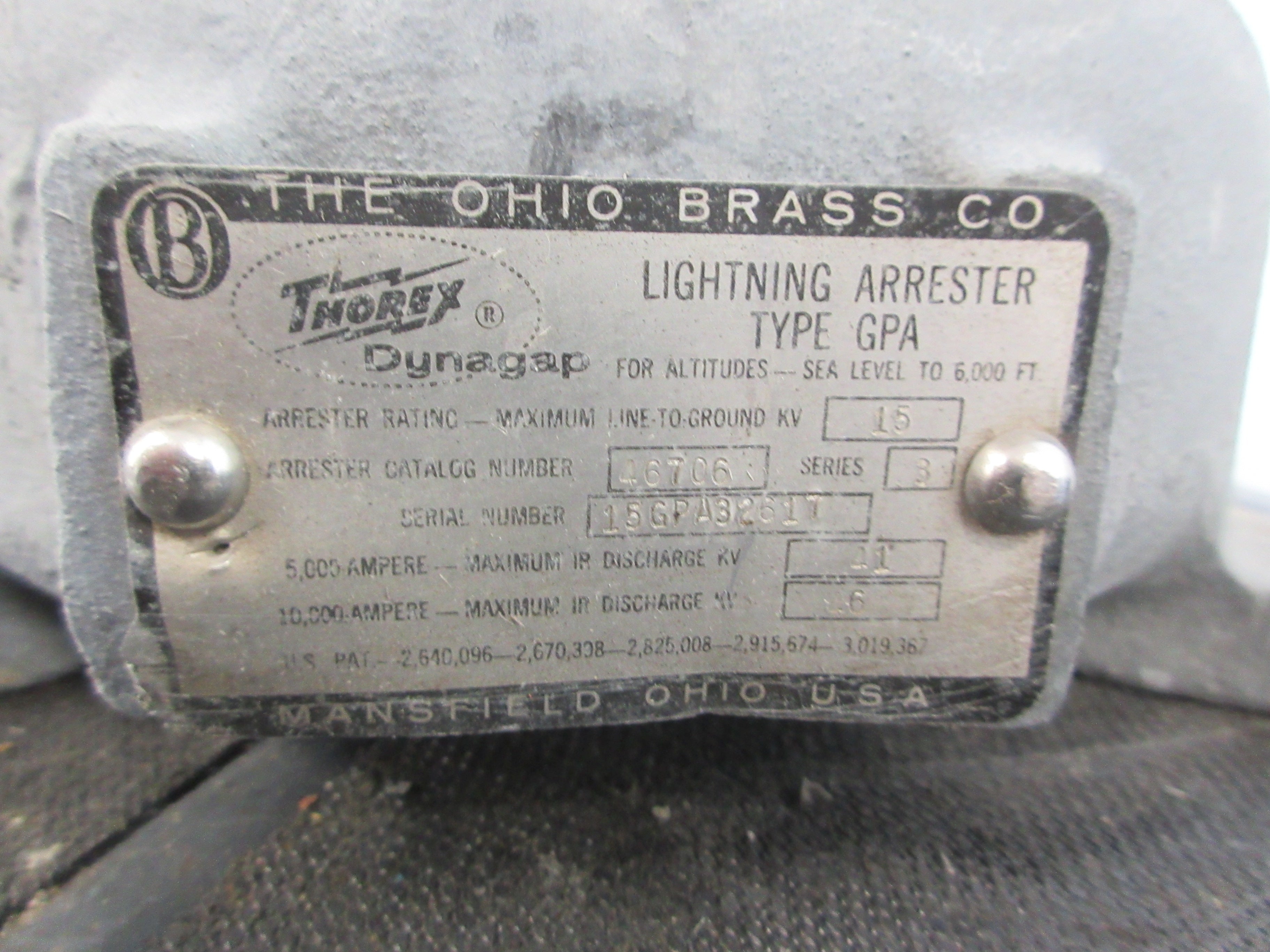 Ohio Brass Thorex Dynagap Type GPA Lightning Arrester 46706 Ser. 3 15KV Used