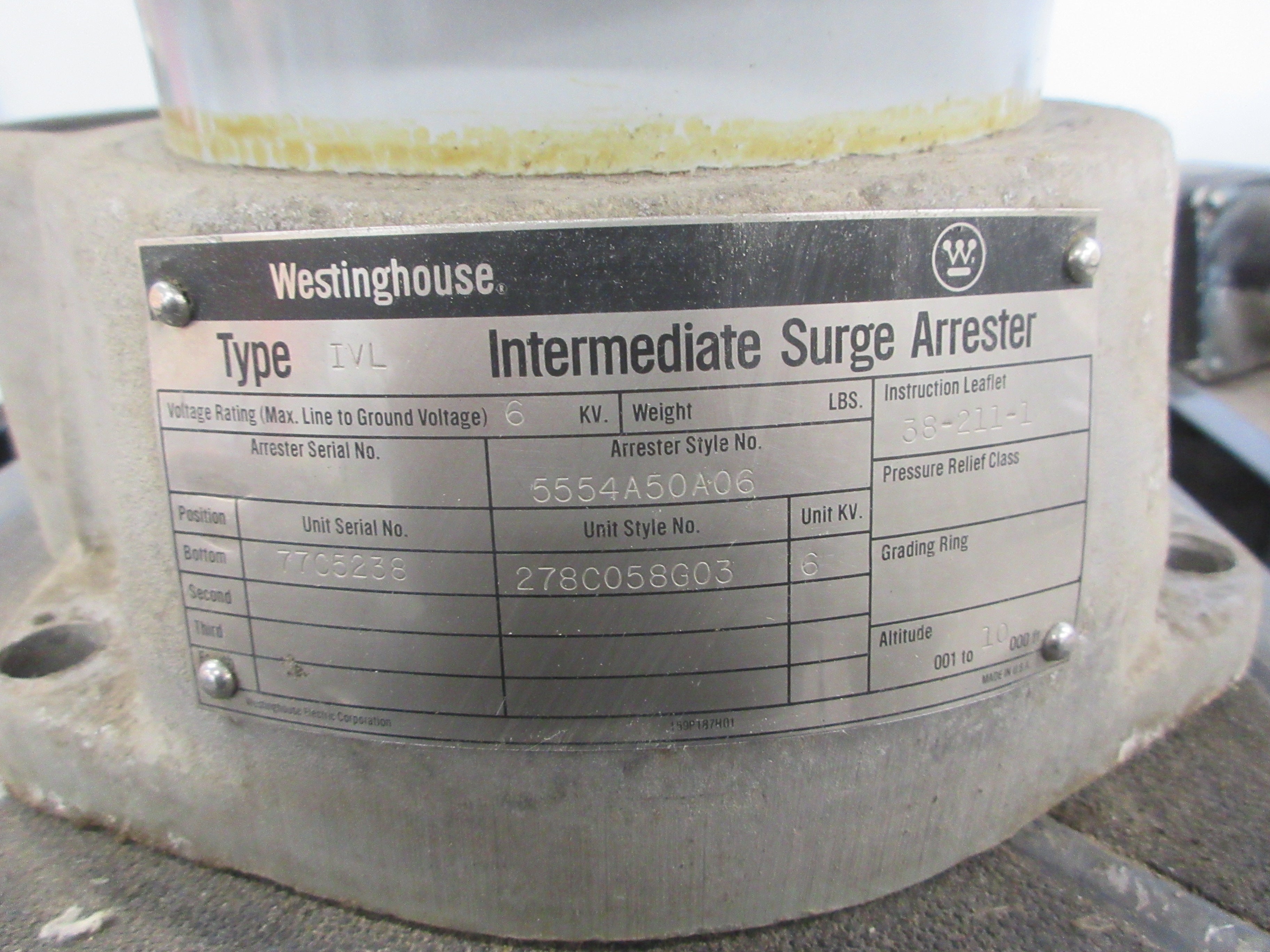 Westinghouse Type IVL Intermediate Surge Arrester 5554A50A06 6KV Used