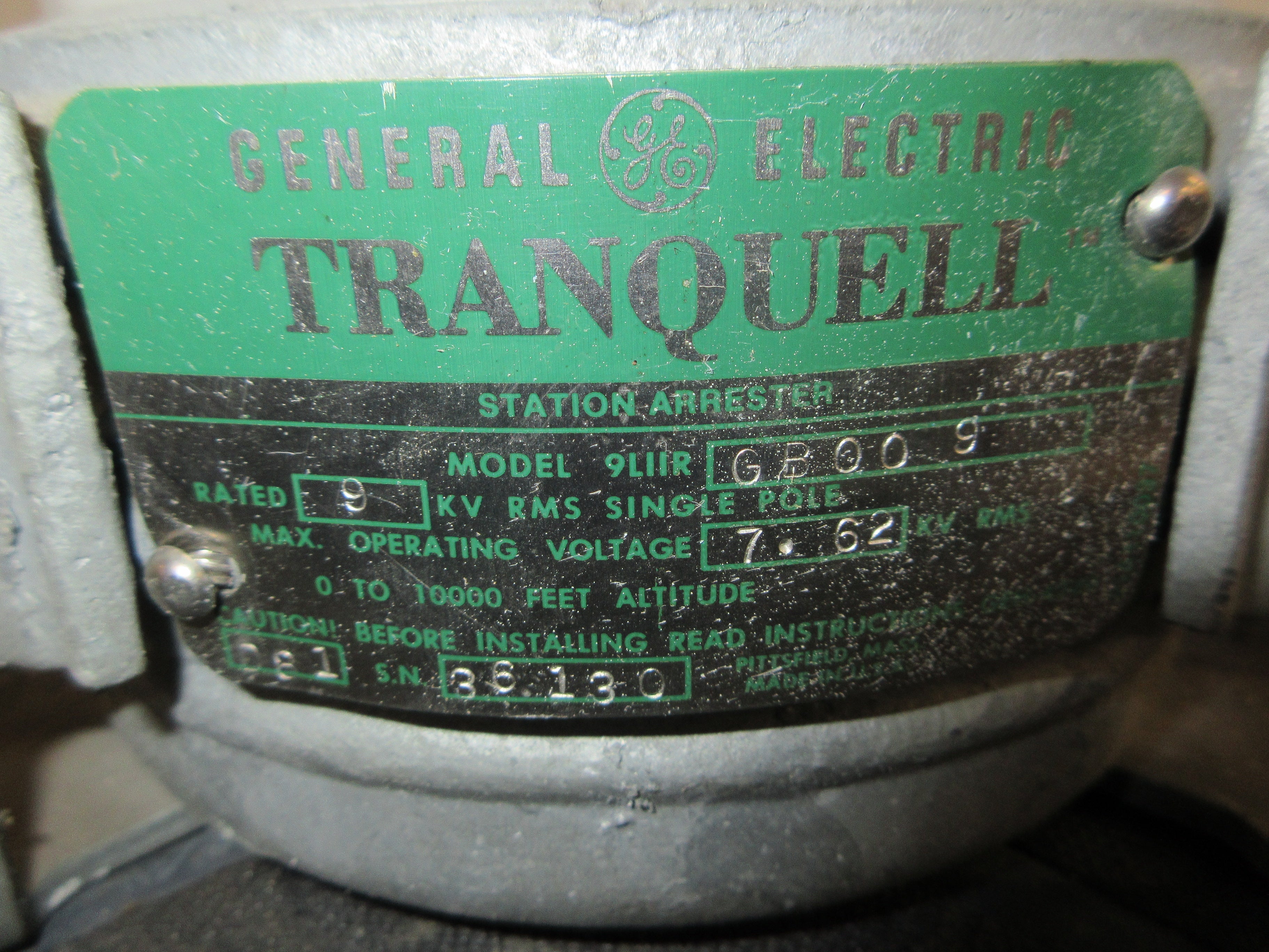 GE Tranquell Station Arrester 9LIIRGB009 9KV Rated 7.62KV Operating Used