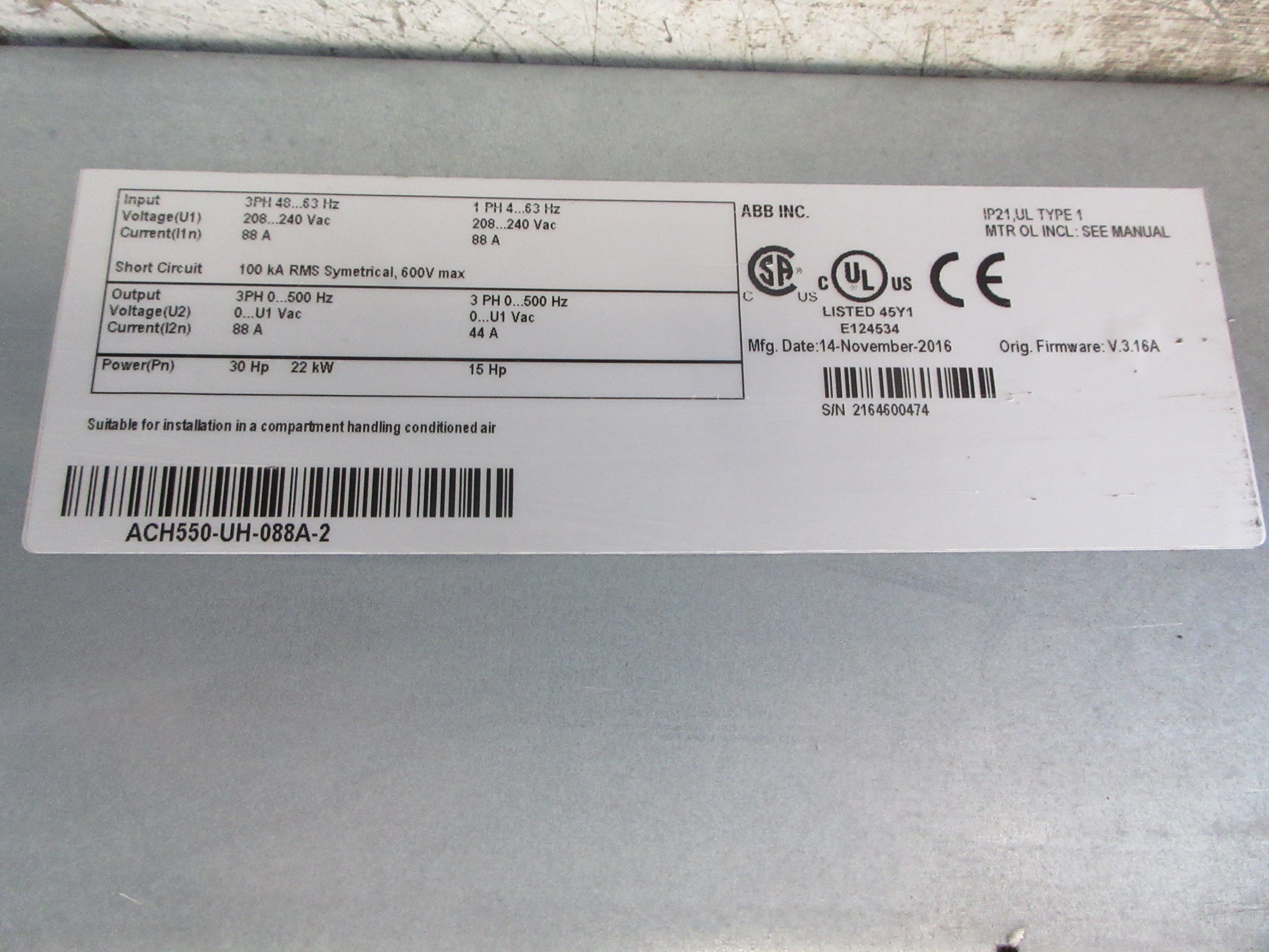 ABB ACH550 AC Drive ACH550-UH-088A-2 30HP Used