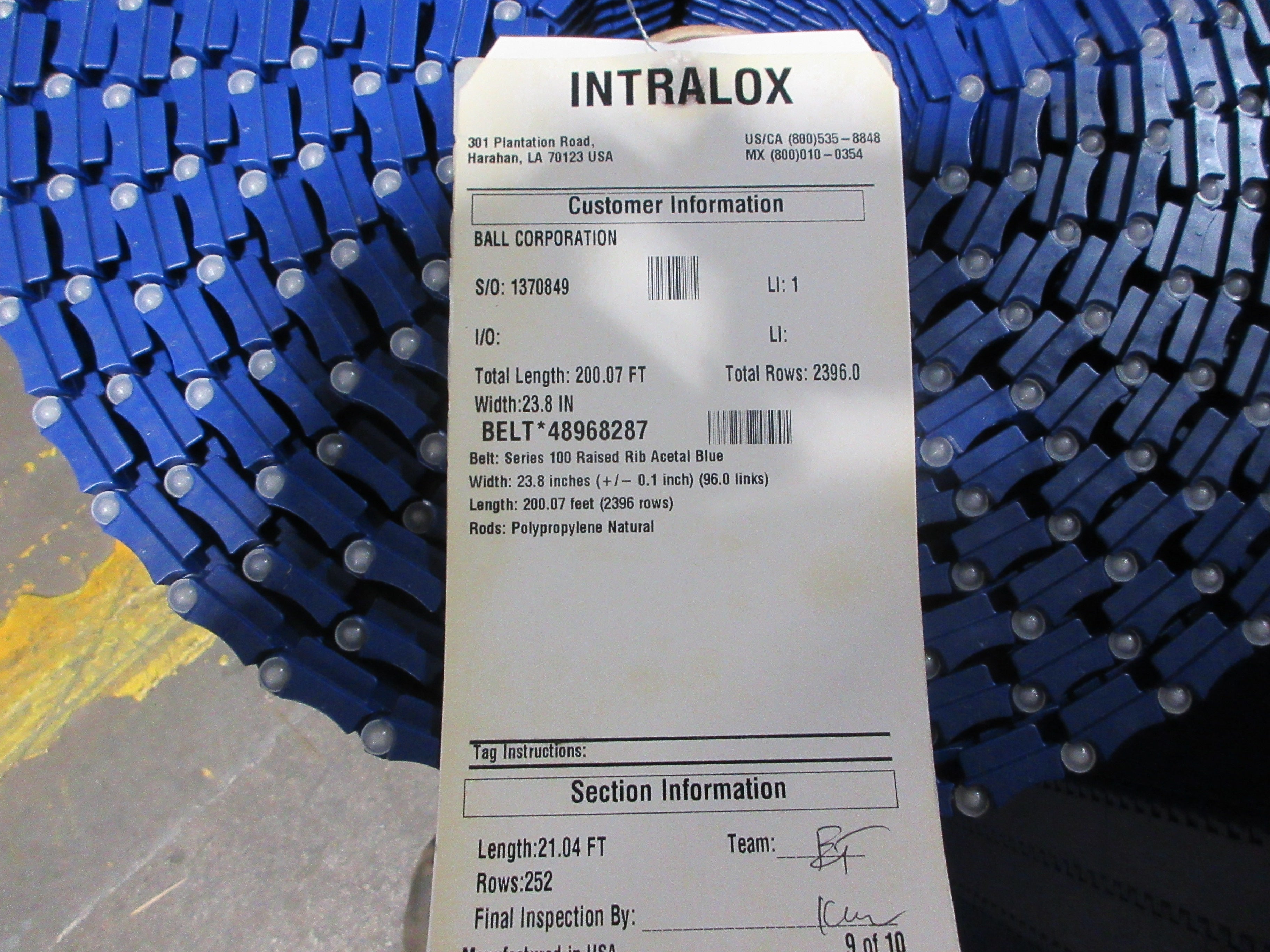 Intralox Series 100 Raised Rib Belt 48968287 Length: 21.04FT New Surplus