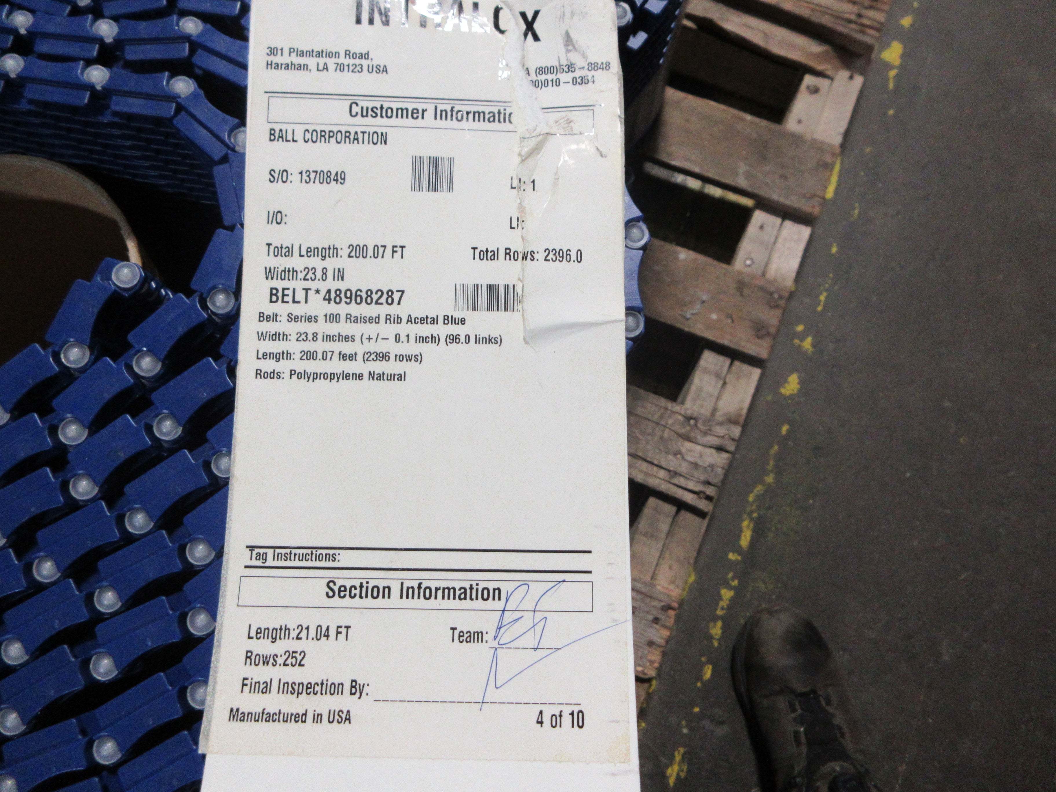 Intralox Series 100 Raised Rib Belt 48968287 Length: 21.04FT New Surplus