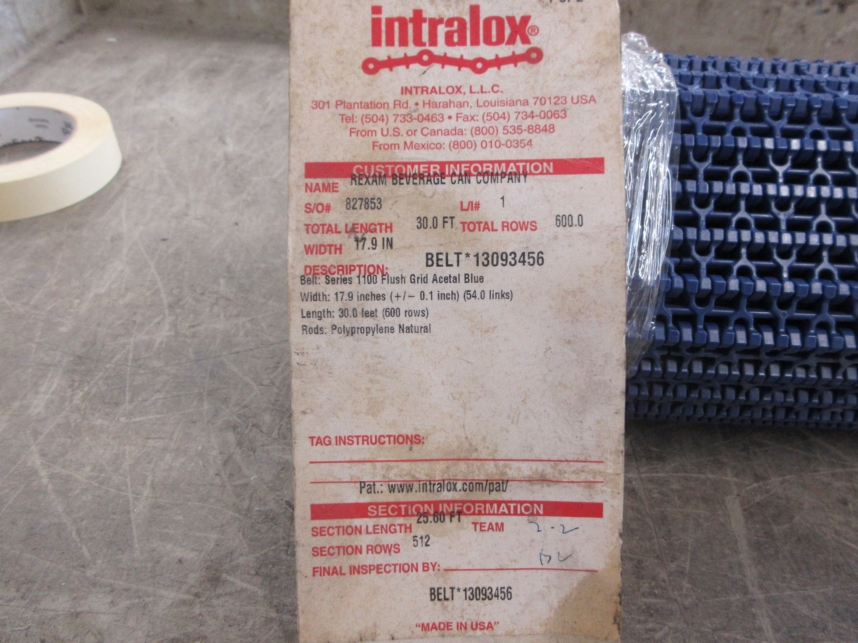 Intralox Series 1100 Flush Grid Belt 13093456 Length: 25.60FT New Surplus
